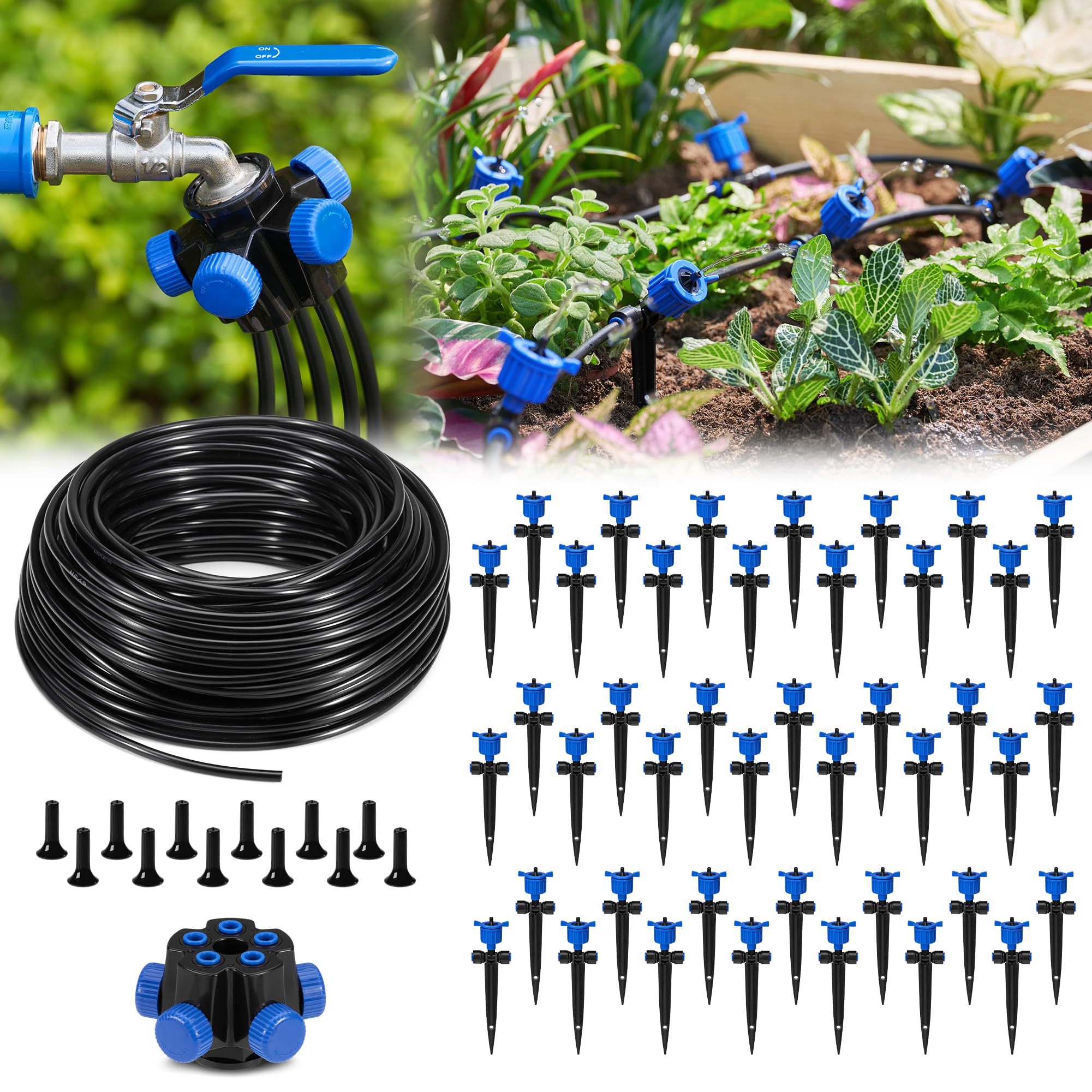 HIRALIY 165FT Garden Watering System with 42Pcs Pressure Compensation Drippers and 5-Way Connector, New Quick Connector Drip Irrigation Kits, Irrigation System for Plant