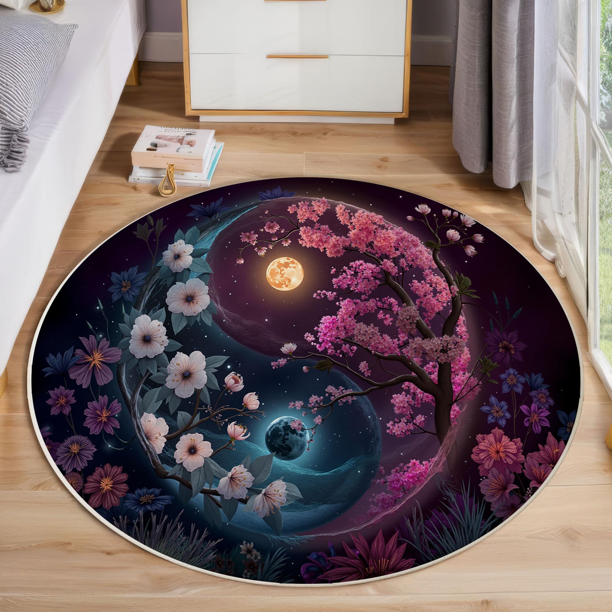 Tapis Yin et Yang rond bleu poudre 60cm antidérapant pour entrée et salle de bain