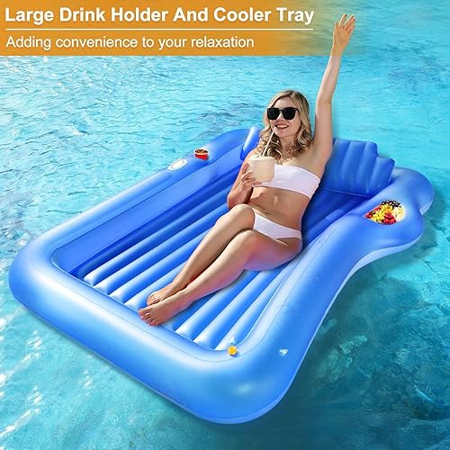 Miniatura 3 de Inflatable Tanning Pool Lounger Float with Sprinkler, 71" x 47" Large Pool Floats Adult with Pillow Cooler Tray, 6 in 1 Suntan Tub Raft Floatie