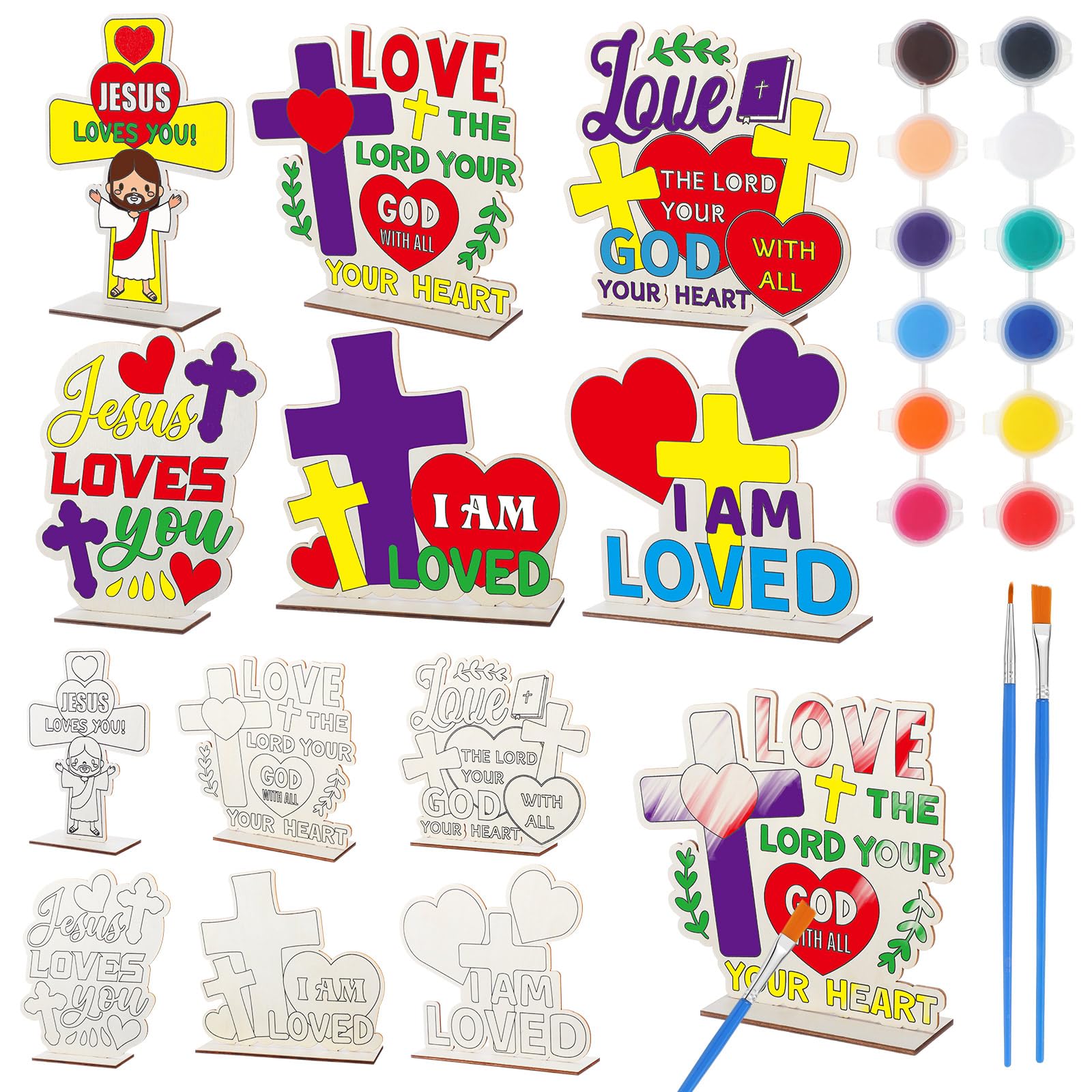 Vertintong 24 Sets Crafts for Color Your Own Blessings Tabletop Signs with 2 Brushes 2 Paints DIY Wooden Coloring Gift for Projects(Religious)