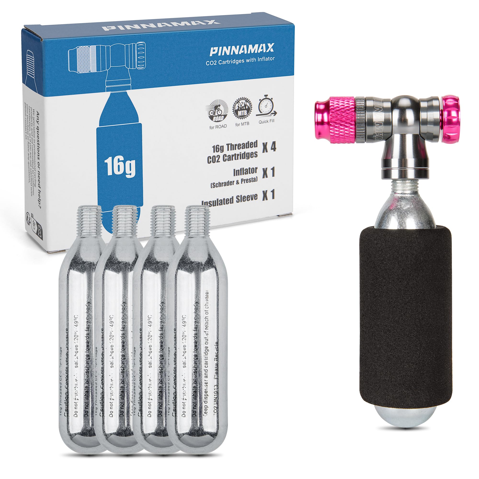 PINNAMAX CO2 Fahrradpumpe Set–CO2 Inflator mit 16g/25g CO2 Kartuschen–Kompakt, Leicht, Kompatibel mit Presta & Schrader Ventilen–Perfekt für Rennräder & MTB–Inkl.Schutzhülle (Inflator+4x16g)