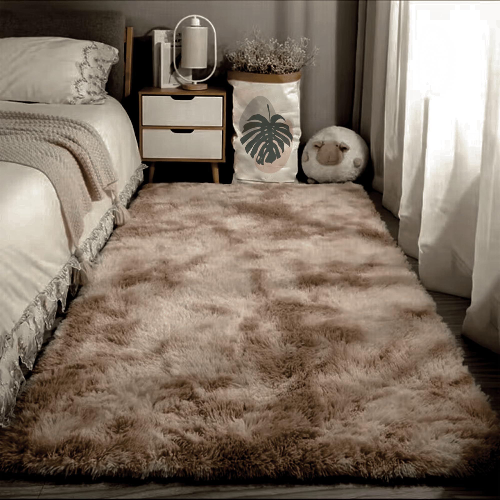 Tapis Salon 200 x 270 cm uni brillant marron douillet pour grand séjour