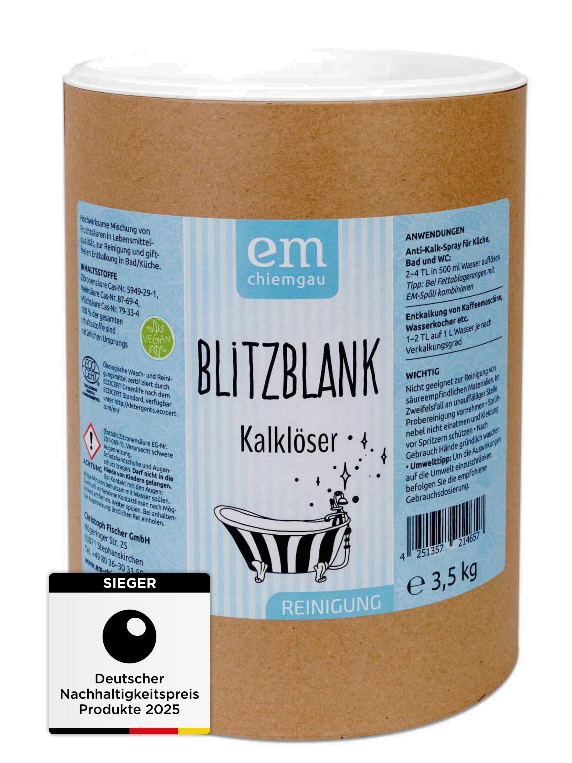 Fischer's EM-Chiemgau® Blitzblank Kalklöser – Natürlicher Entkalker für Küche & Bad – Granulat mit Fruchtsäuren – Entfernt Kalkablagerungen umweltfreundlich – ECOCERT zertifiziert – 3,5kg