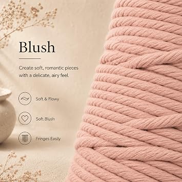 BOCHIKNOT Macrame Cord 4mm x 109yds - Single Strand Twist Macrame Cord - Cotton Cord for Macrame Knotting, Wall Hangings, Plant Hangers - 4mm Macrame Cord (109yds, Blush)