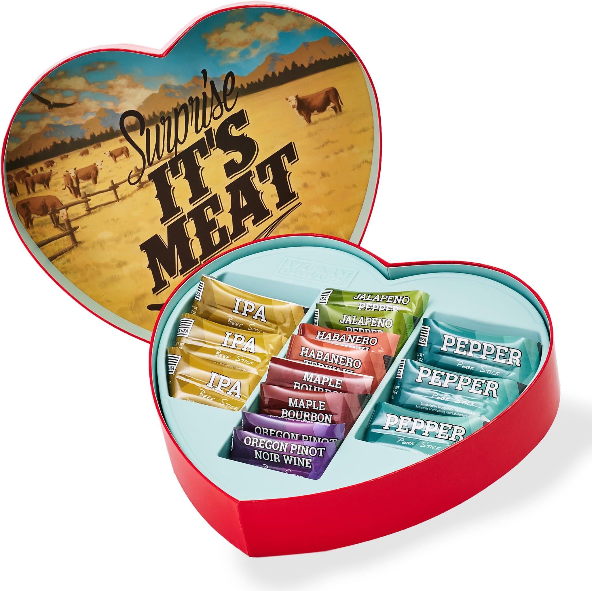 Man Crates Gift for Men โ Meat Heart with 14 Beef & Pork Sticks โ Heart-Shaped Meat Snack Box for Him, Boyfriend, Husband