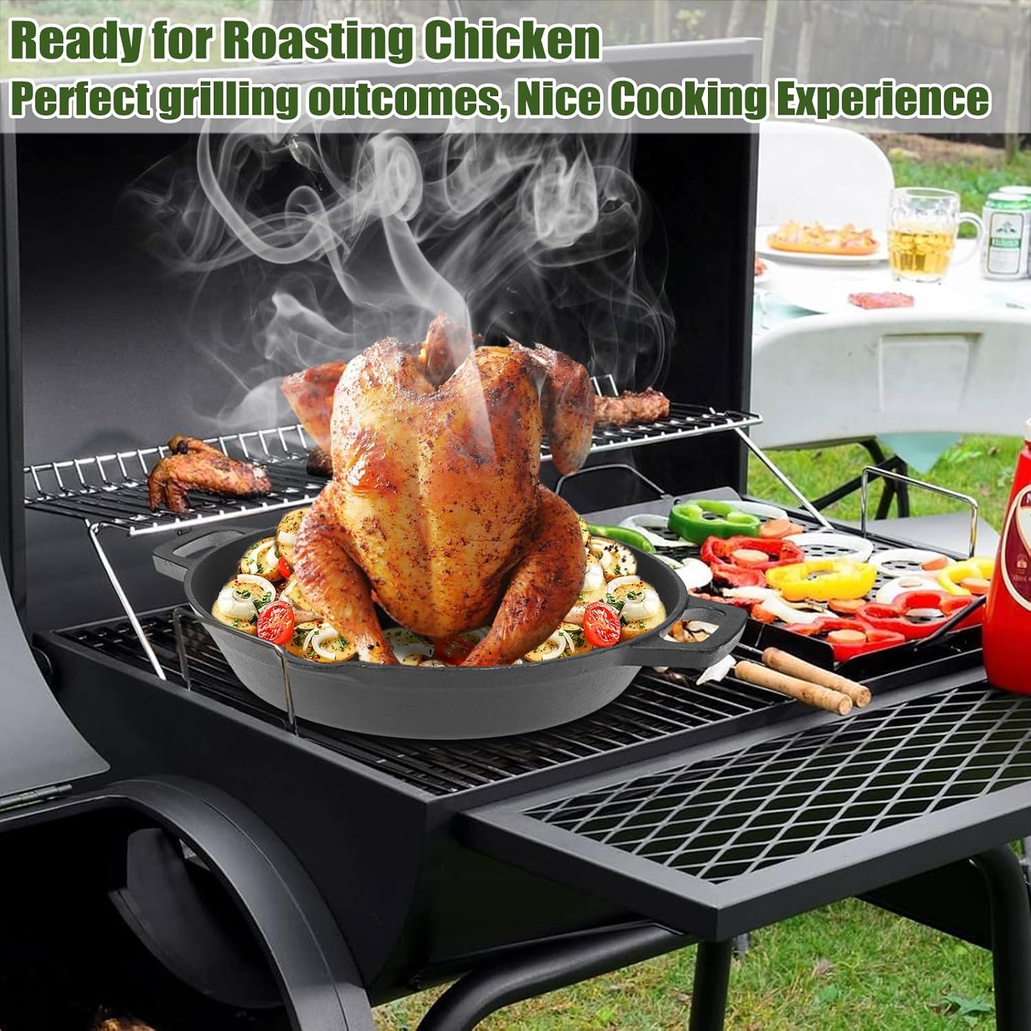 Cast Iron Chicken Roaster, Heavy-Duty Beer Can Chicken Holder with Roasting Pan, Pre-Seasoned Poultry Roaster Stand, Cast Iron Skillet Turkey Holder, Turkey Fryer & BBQ Grilling Accessories