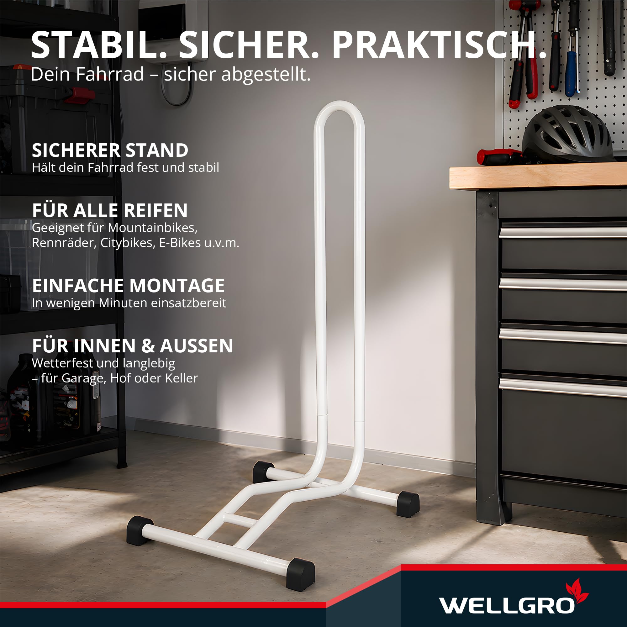 2 x WELLGRO® Fahrradständer - Stahl, sicherer Stand - Farbe weiß