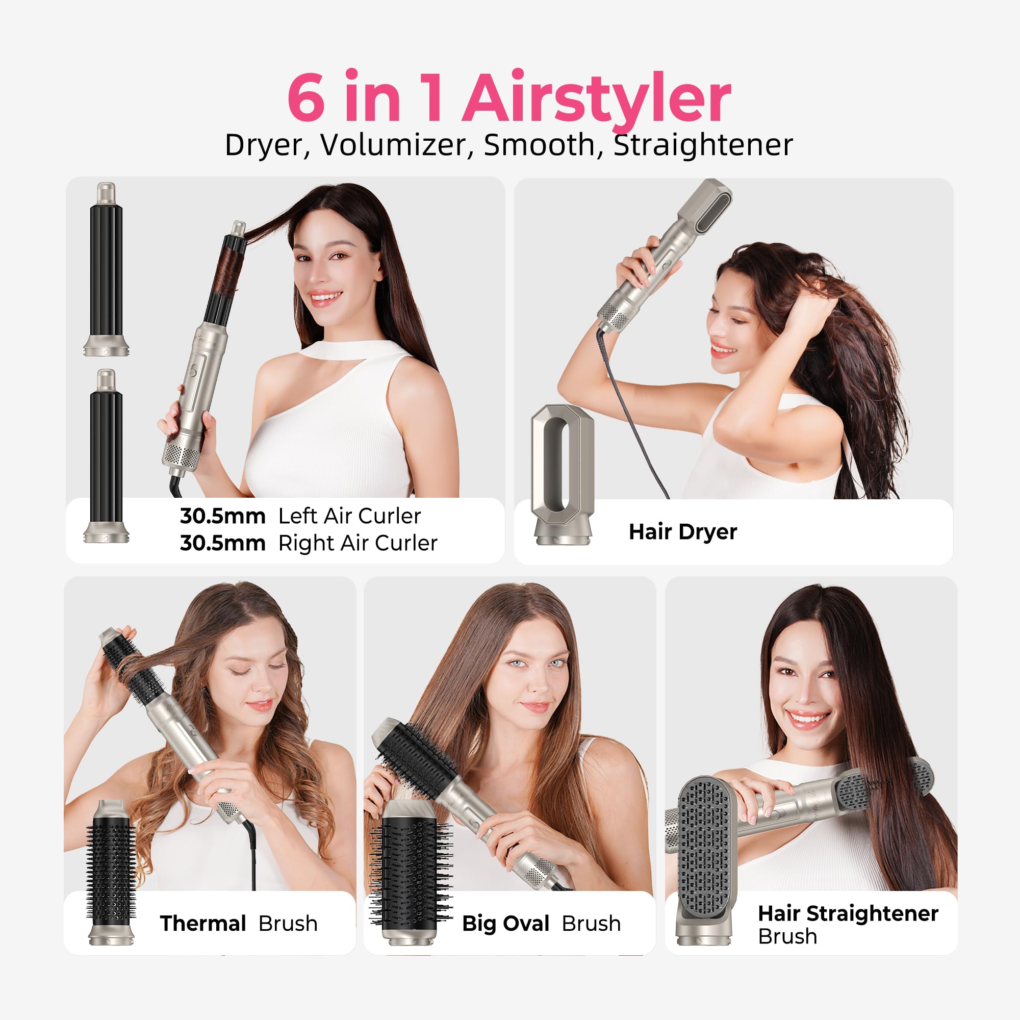 Atopskins Secador Pelo Profesional, 6 en 1 Secador y Cepillo de Pelo, Airstyler Set Modelador de Cabello, Plancha Alisadora, Cepillo Rizador,Secador Profesional,Hairstyler Regalos para Mujeres Styling