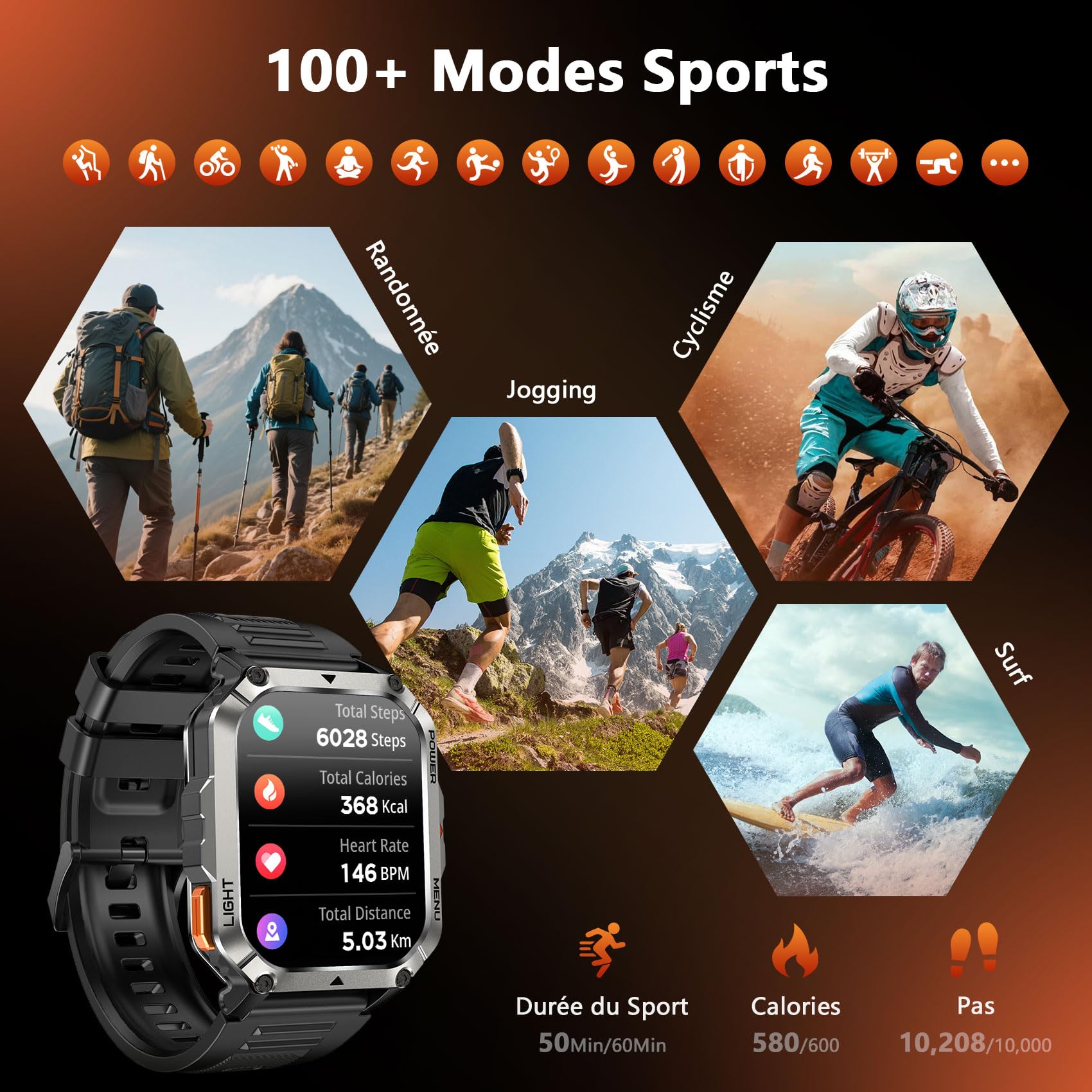 Blackview Montre Connectée Homme avec 100 j Autonomie, Montre Homme Boussole et Lampe Torche, Appels Bluetooth, Smartwatch Surveillance Fréquence Cardiaque et Sommeil, Compatible Android/iOS