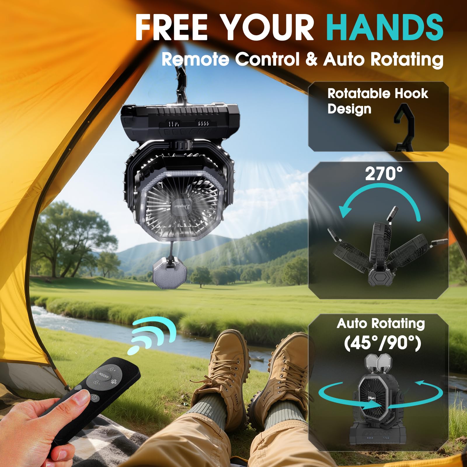 Ventilatore Campeggio 20000mAh con Luce LED, Ventilatore Portatile Ricaricabile con Gancio e Telecomando, Ventilatore USB Scrivania per Esterno Tenda Spiaggia Allaperto - Nero