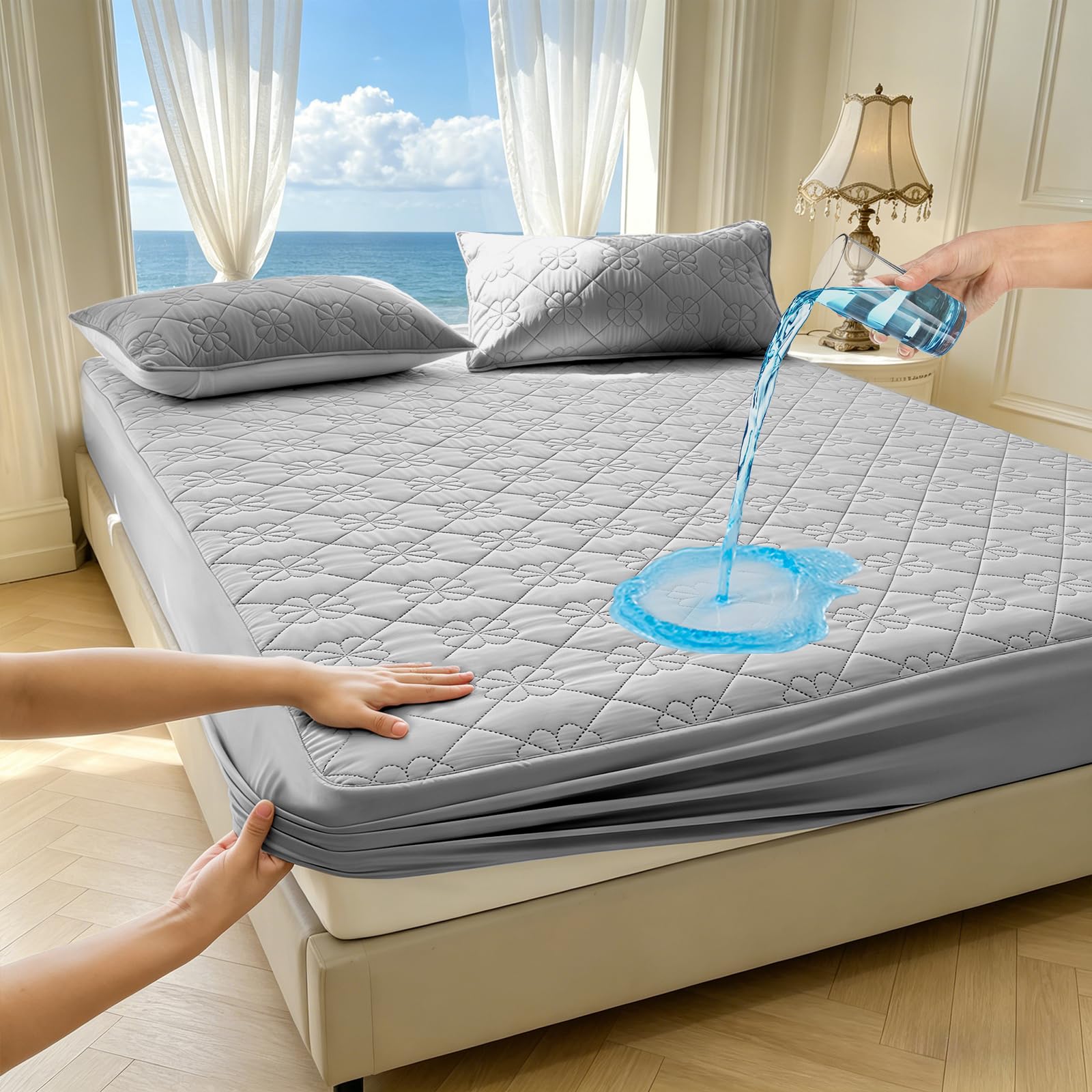 HUAXITRA Waterproof Mattress Protector King Size Bed, 4 Layer King Size Mattress Protector Fitted Sheet Protects with 30CM Extra Deep Skirt, Anti Allergy Breathable Mattress Sheet Covers (150x200cm)