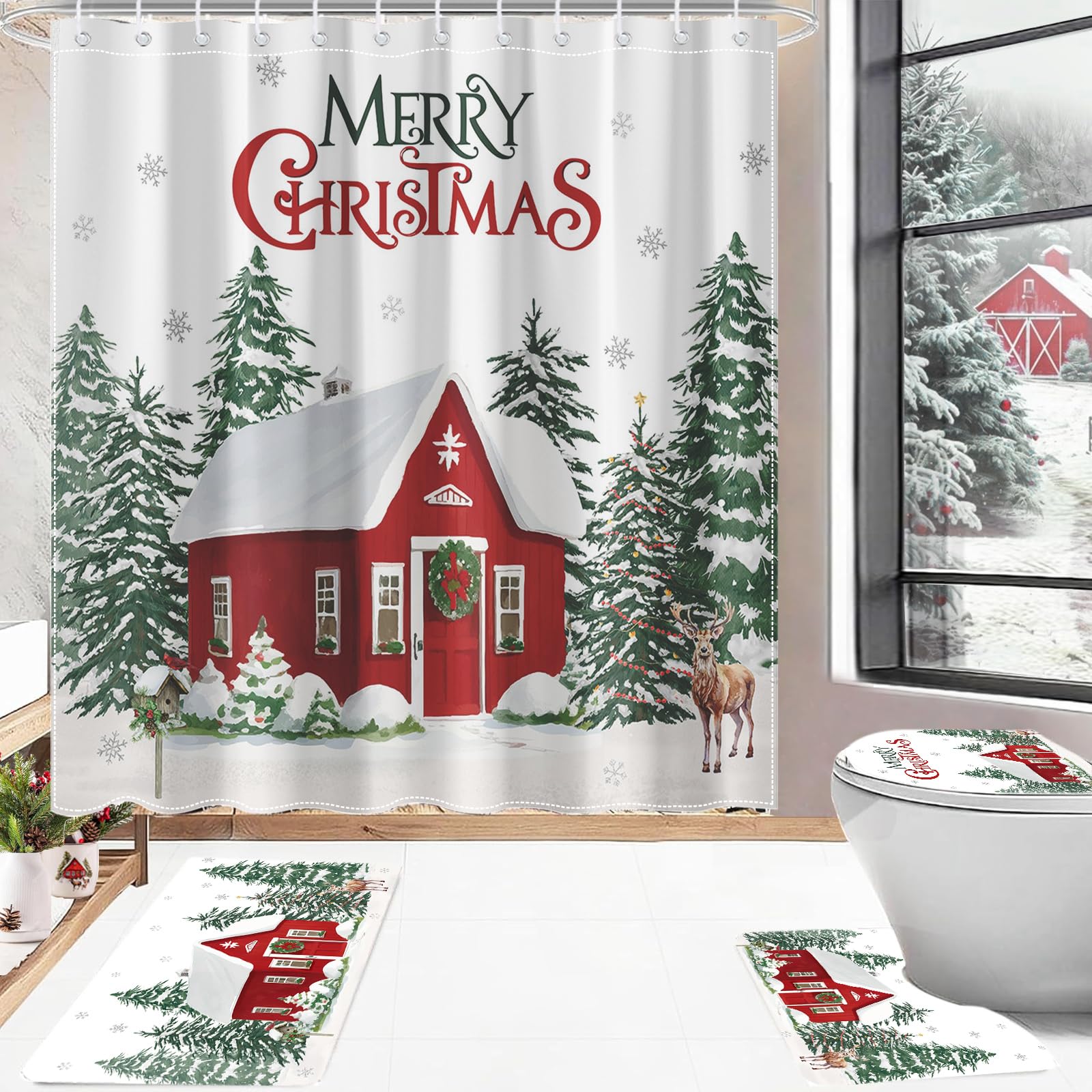 Christmas Shower Curtain Sets 4pcs Winter Pine Tree