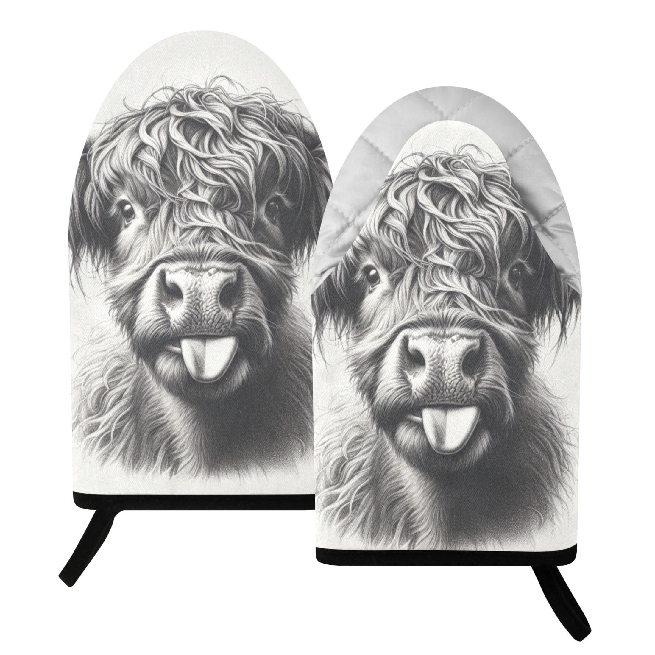 Fuauuyl Oven Mitts Heat Resistant Kitchen Gloves, Funny Highland Cow Classic Oven Gloves with Hanging Loop for Baking BBQ Cooking Grilling, 1 Pair, 9.5 in