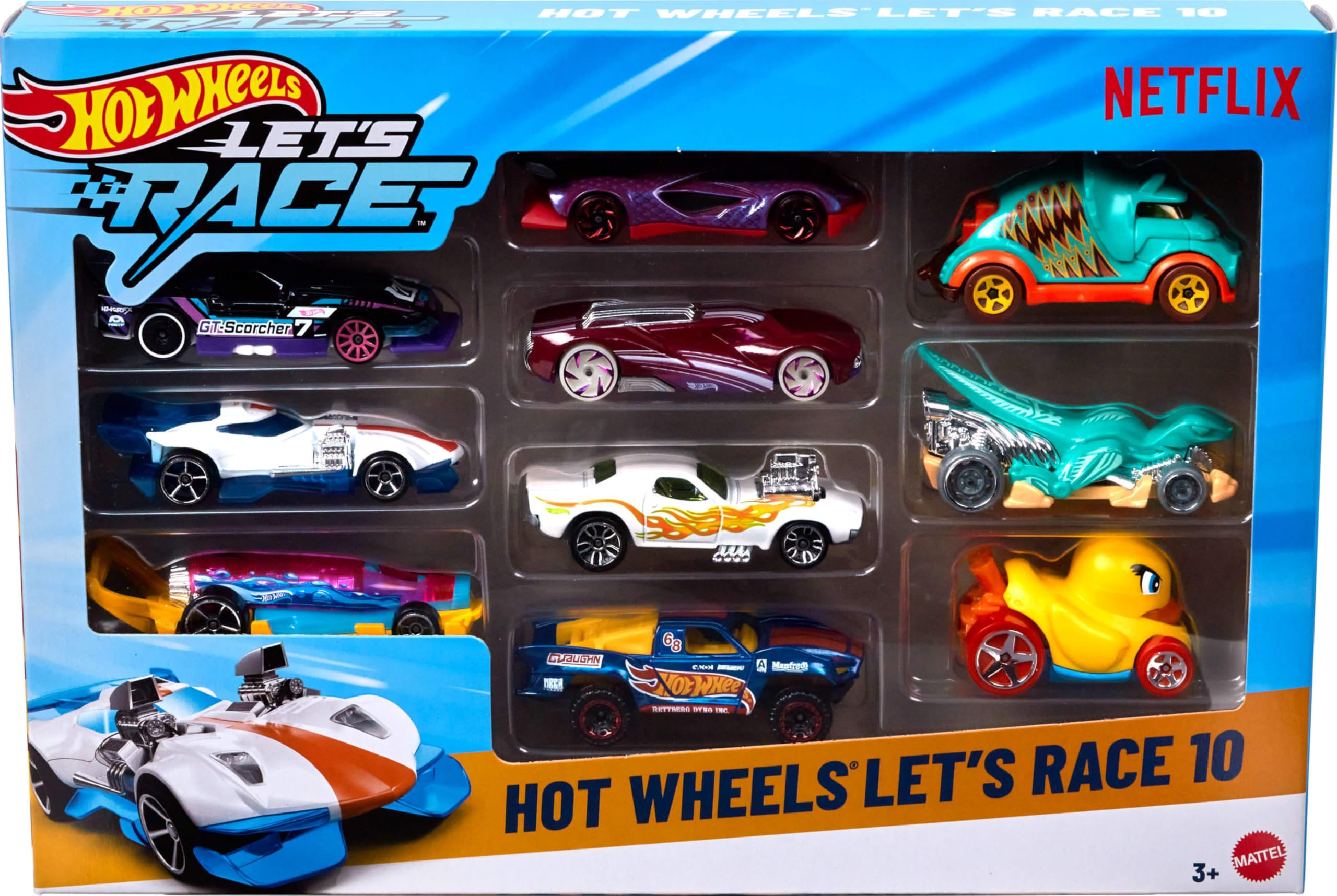 Hot WheelsToy Cars & Trucks, Let’s Race 10-Pack, Set of 10 1:64 Scale Vehicles from The Animated Netflix Show for Play or Display (Styles May Vary)