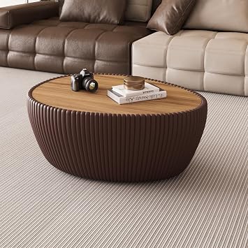 Oval Coffee Table with Metal Base, Drum Bowl Coffee Table with Sintered Stone Tabletop and Fluted PU Leather Covered, Center Tea Table for Living Room Home Oval Brown, 32.16 in