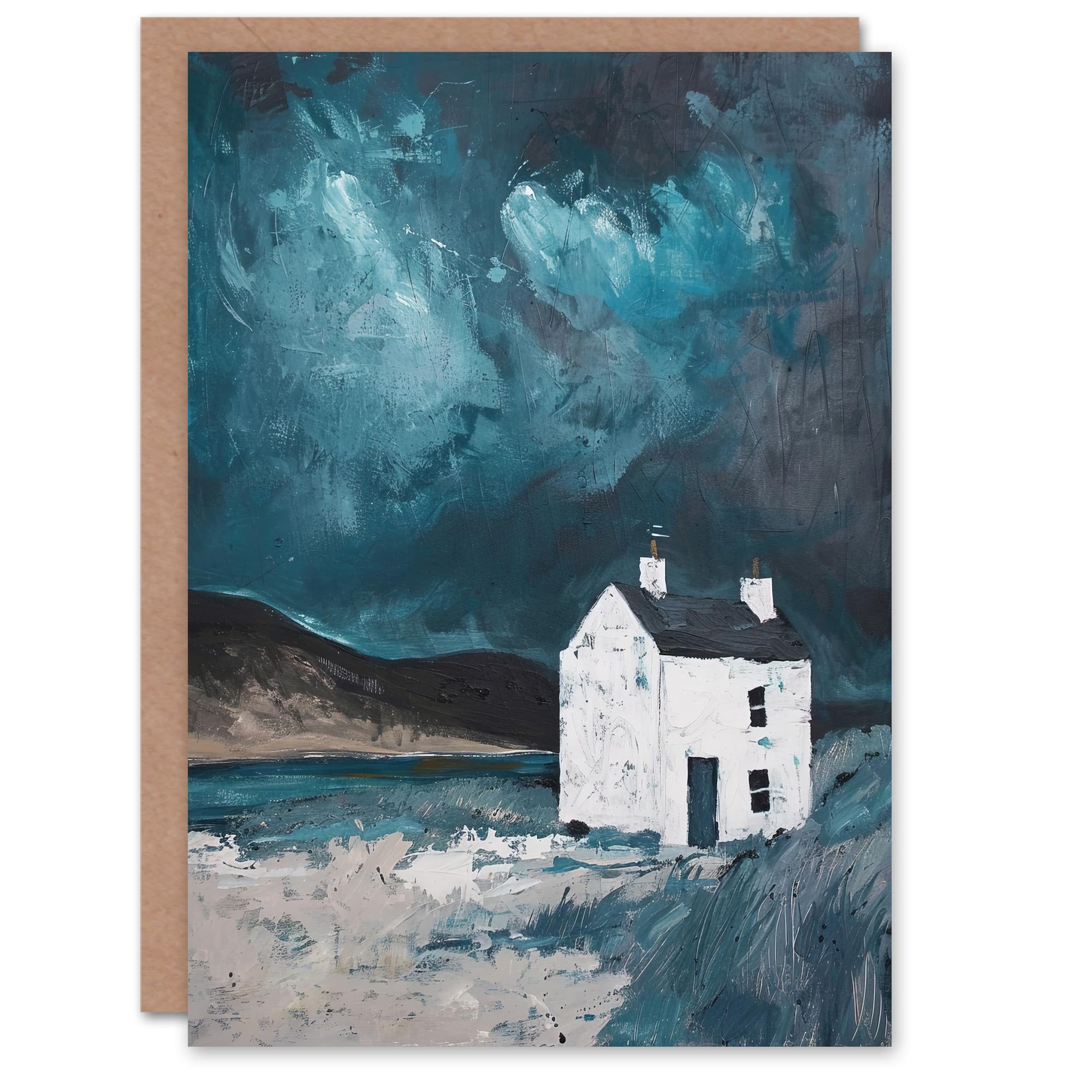 Artery8 Scottish Coastal Cottage Night Oil Painting Hills Greeting Birthday Card Him Her All Blank