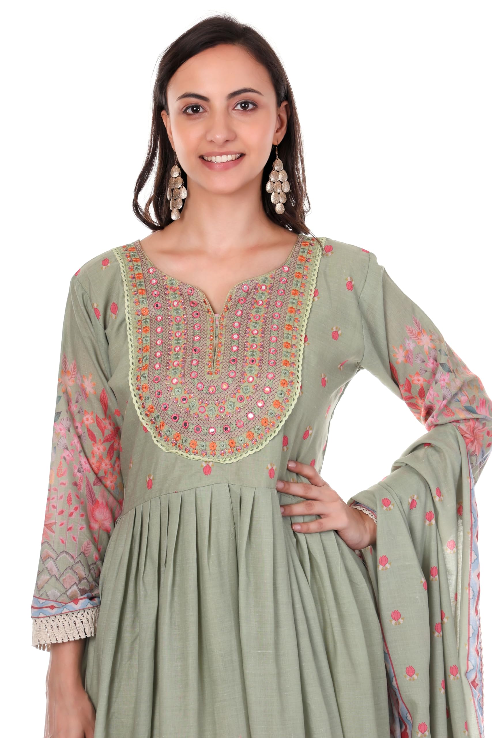 A-line Pakistani suit set featuring floral print, thread & lace work. Includes matching straight pants, printed tassel dupatta, and comfortable lining.