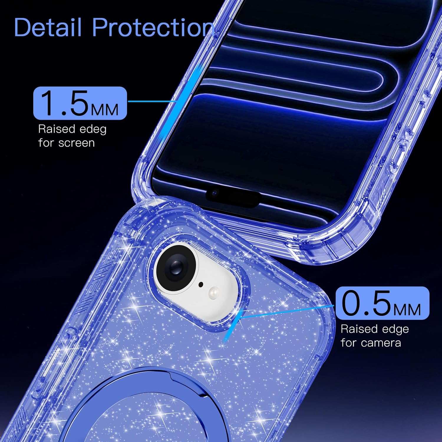 for iPhone 17e Case,iPhone 16e Case,[Magnetic Stand][Fit for MagSafe][Glitter Card][Built-in 9H+ Screen Protector] Military-Grade Drop Proof Shiny Cover for Apple iPhone 17e/16e,Glitter Blue