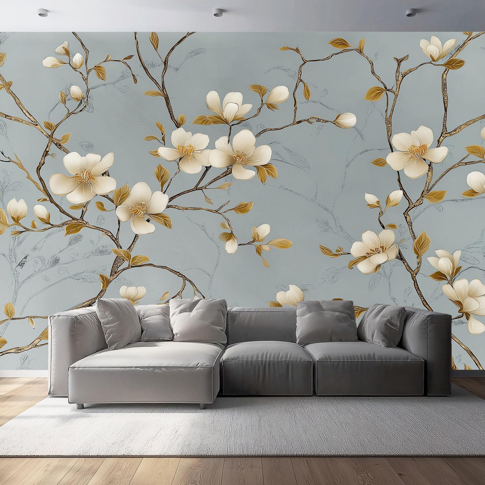 Fotomural de Magnolia China de 98,4" x 68,8" azul y dorado para salón y dormitorio infantil