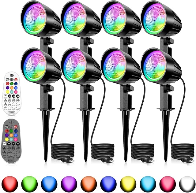 MEIKEE 15W RGBW LED Landscape Spotlights with Remote and 4.9FT Cord | RGB Color Changing IP66 Waterproof Outdoor Pathway Lamp, Landscape Lighting for Christmas Halloween Festival Party, 8 Pack