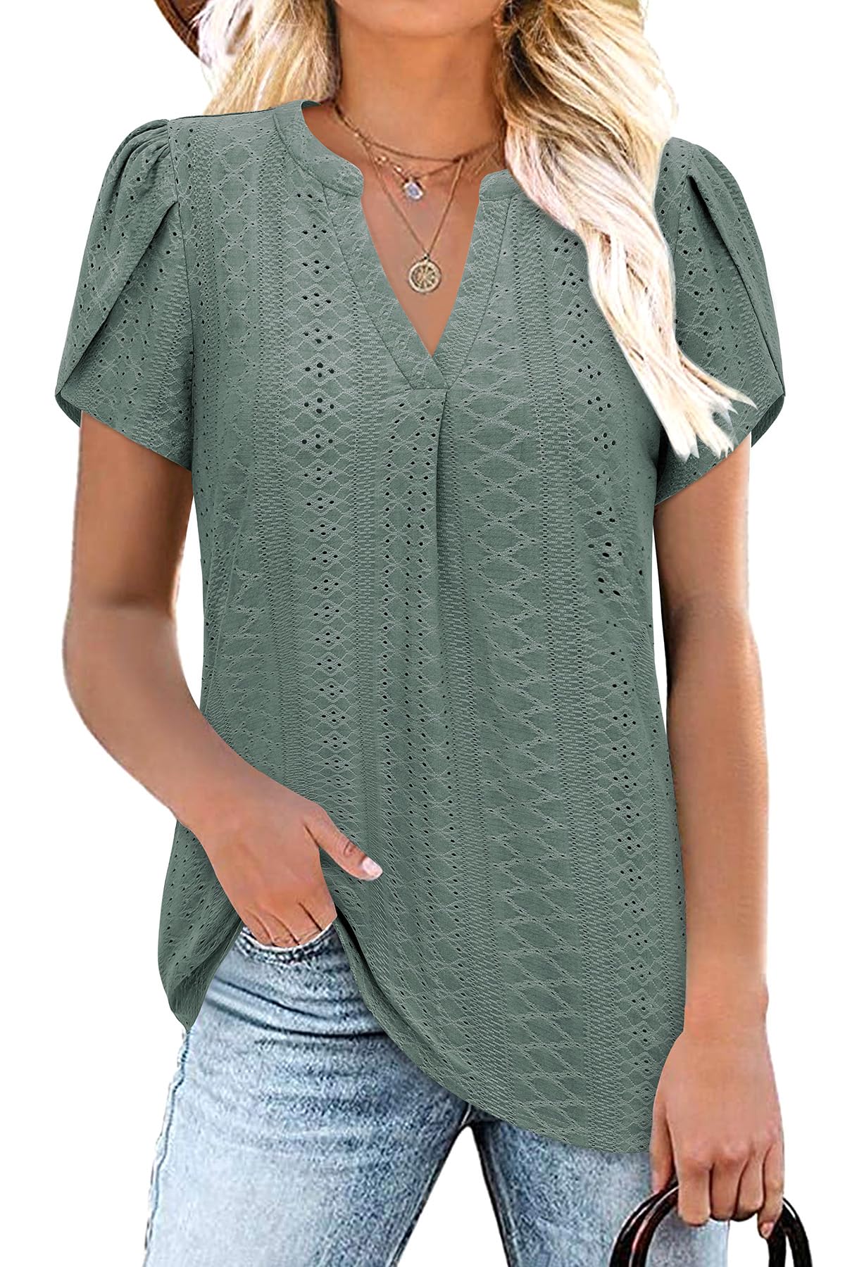 Siddhe Damen Bluse Kurzarm T-Shirts V-Ausschnitt Elegant Lässig Tunika Oberteil Locker Sommer Longshirt