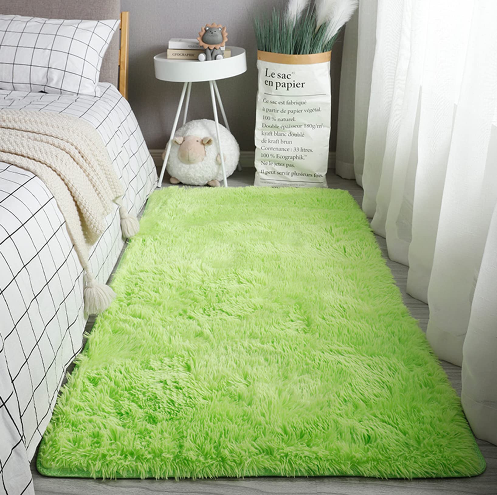 Tapis shaggy 100x100cm moderne vert moelleux pour salon et chambre