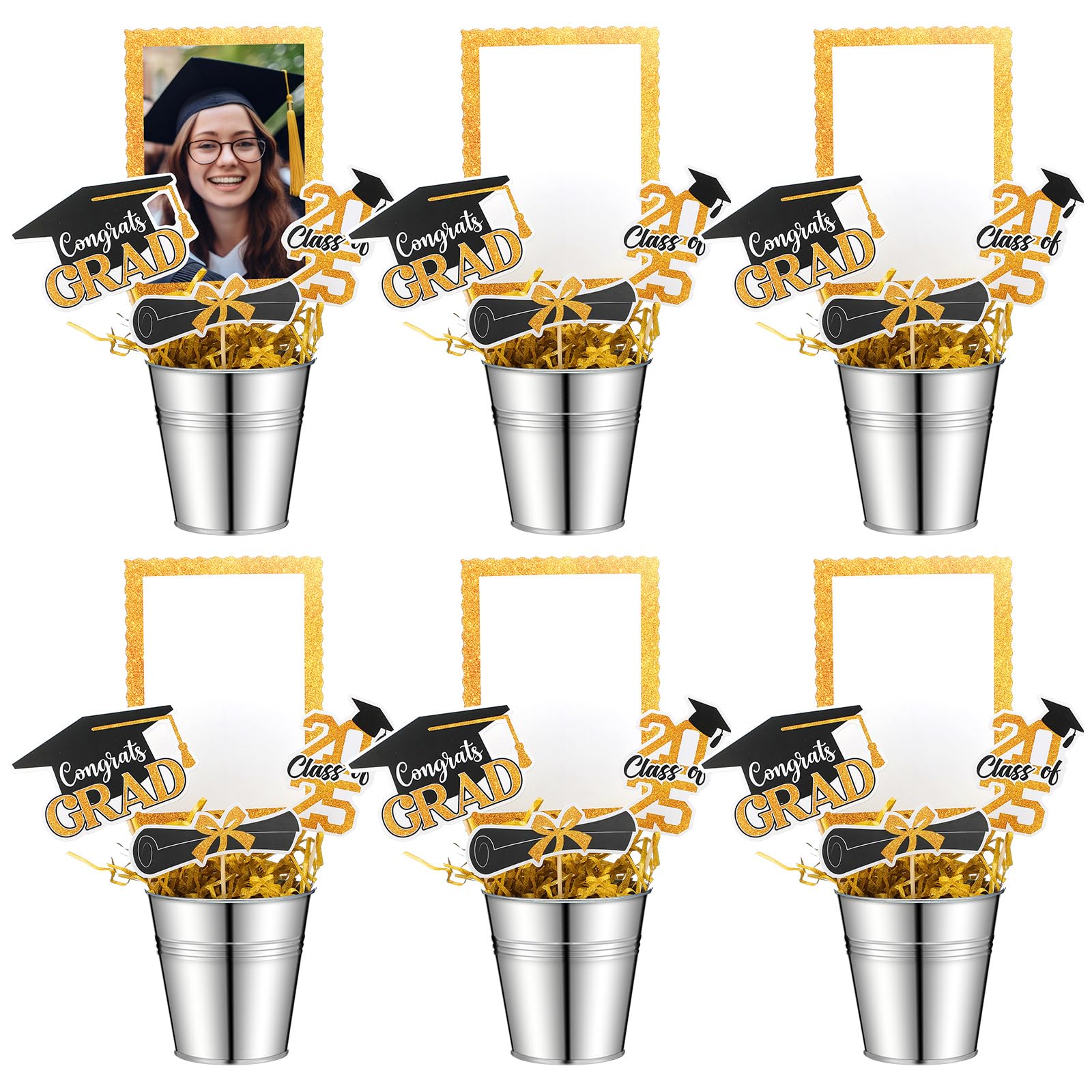 Foilswirl 6 Set 2025 Graduation Table Centerpieces Photo Table Toppers with Small Galvanized Buckets and Shredded Paper Filler for Class of 2025 Graduation Party Decoration(Yellow)