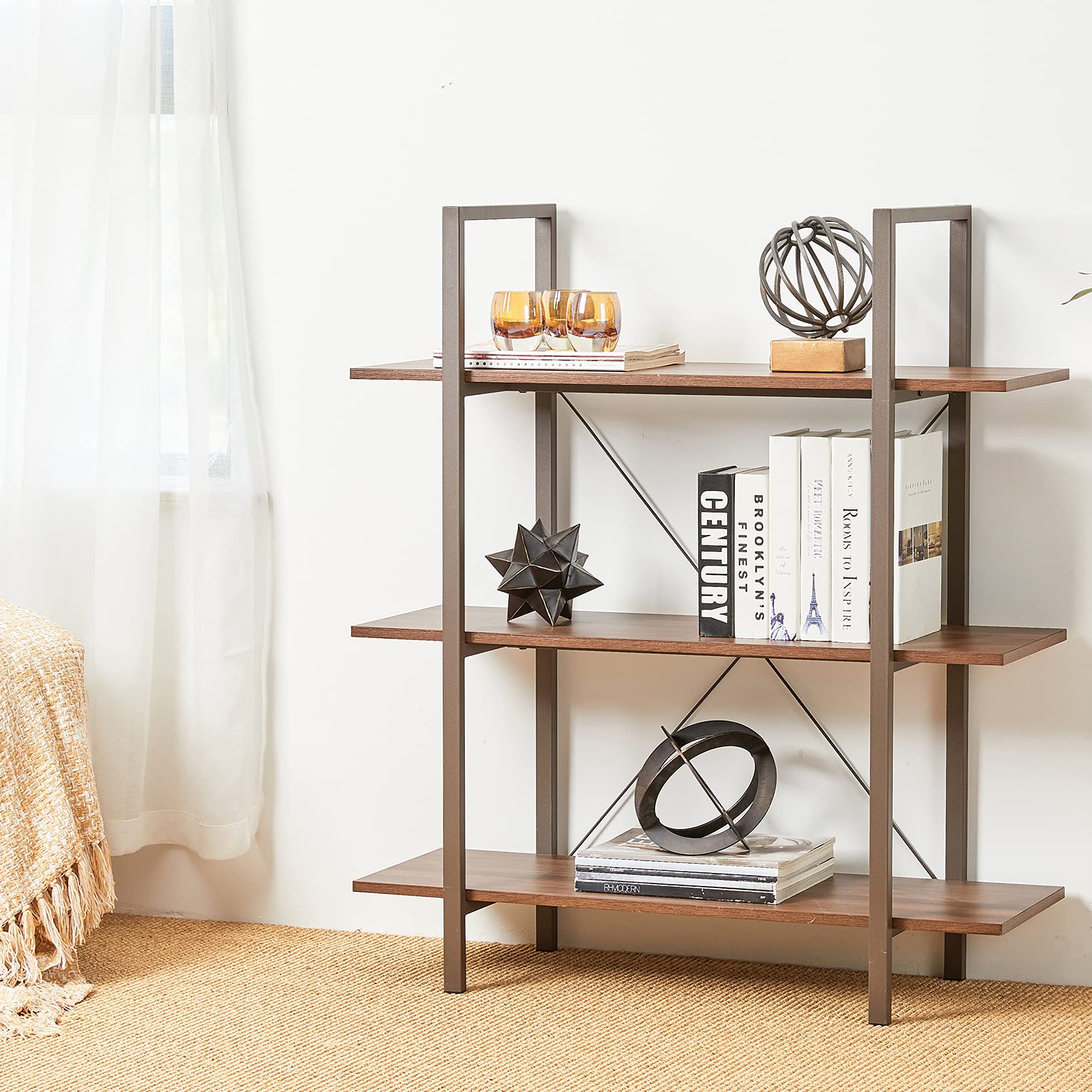 Amazon.co.jp: glitzhome 木製インダストリアル本棚 3段シェルフ 素朴