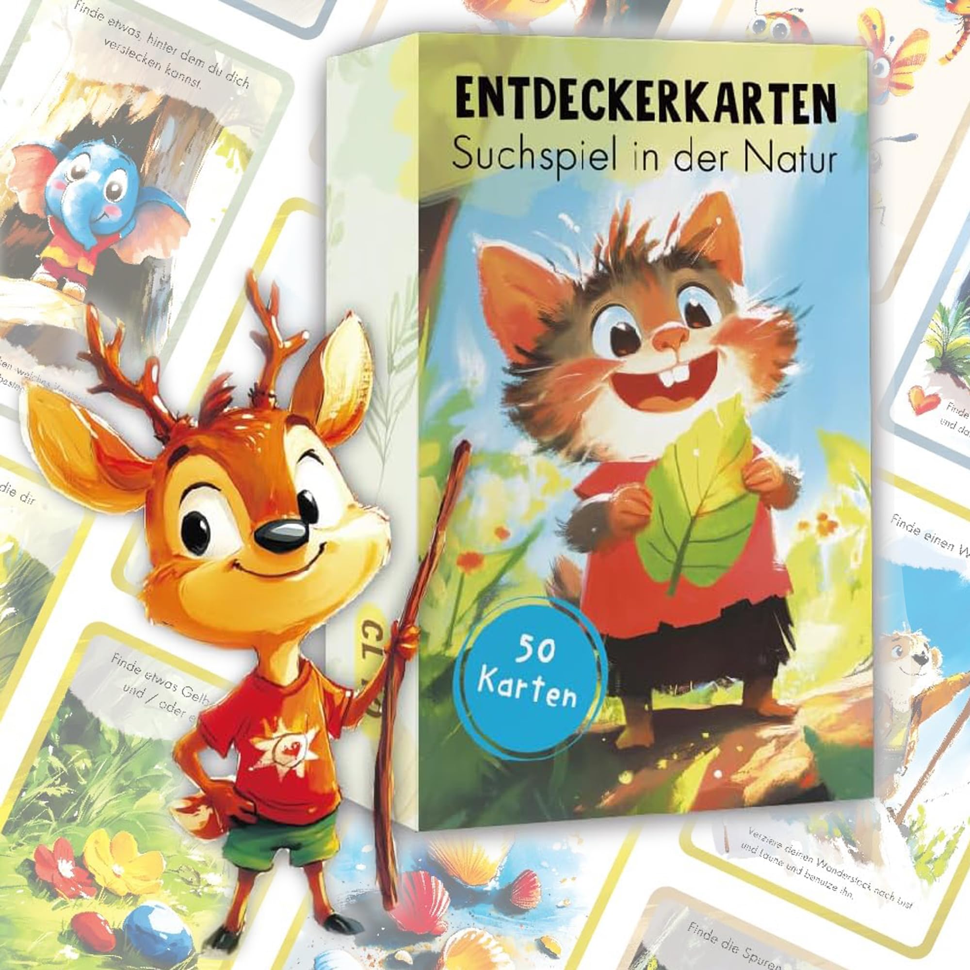 Outdoor Suchspiel Kinder ab 4 Jahren – 50 Entdeckerkarten Natur entdecken & Schatzsuche – Montessori Lernspiel für Garten & Wald – Achtsamkeit & Neugier fördern – Geschenk für Jungen und Mädchen
