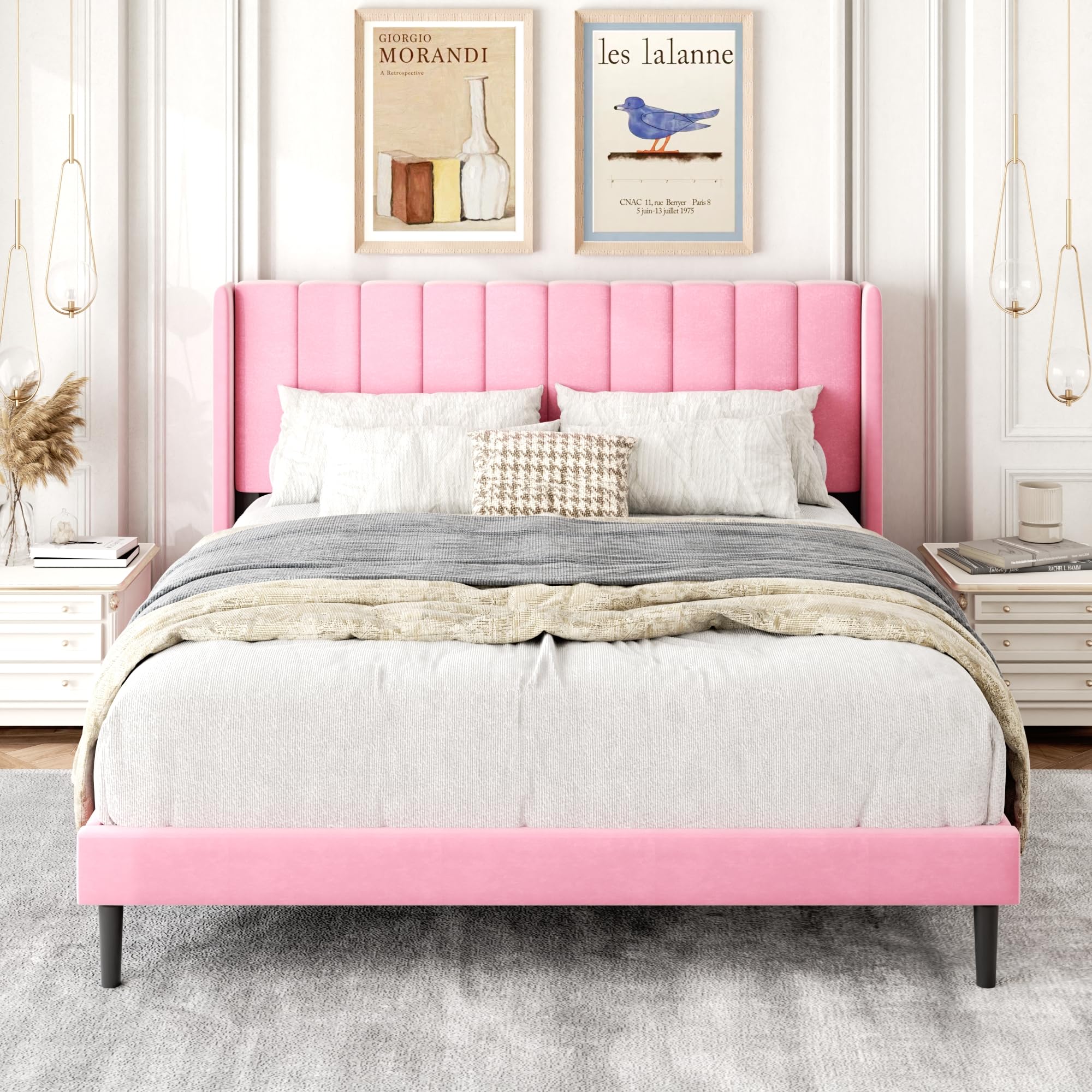 Photo 1 of Gruwans Queen Size Bed Frame with Upholstered Wingback Headboard, Easy Assemnly Platform Bed, Wooden Slat Support No Box Spring Needed, Pink Velvet