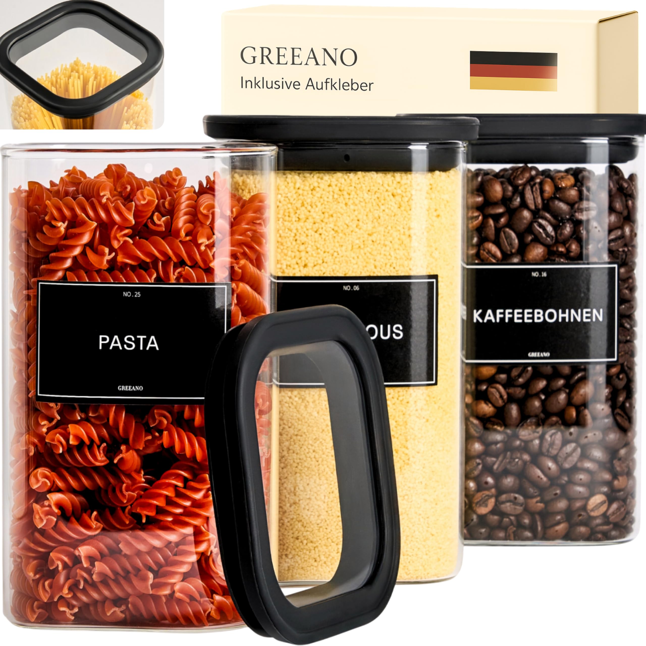 Vorratsgläser eckig mit Glasdeckel 1200ml [3er Set] – Vorratsdosen Glas luftdicht & mottensicher – Aufbewahrungsgläser Küche für Lebensmittel, Nudeln, Mehl, Müsli, Kaffee