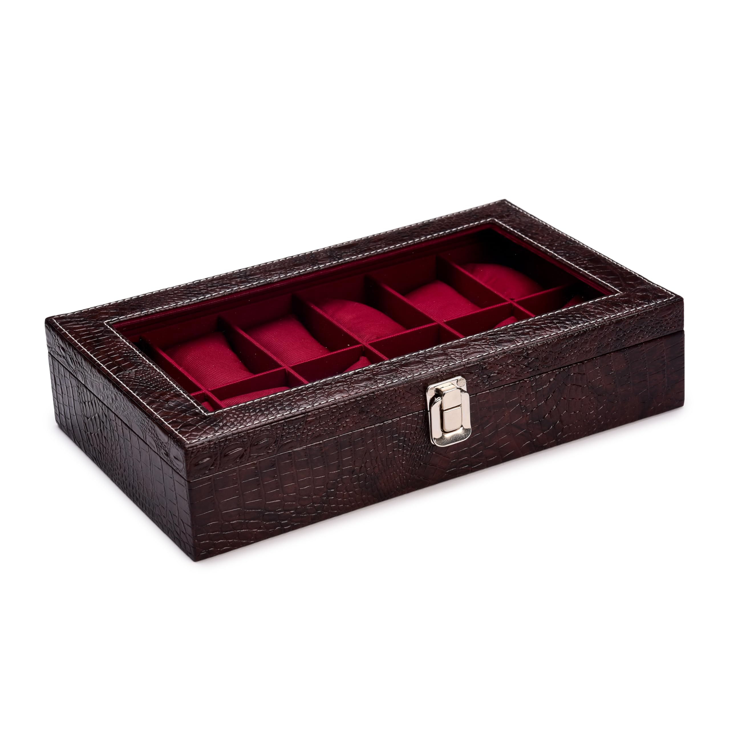 ZENWOOD Caja organizadora de relojes de piel sintética con 12 ranuras para hombre y mujer (marrón::granate)