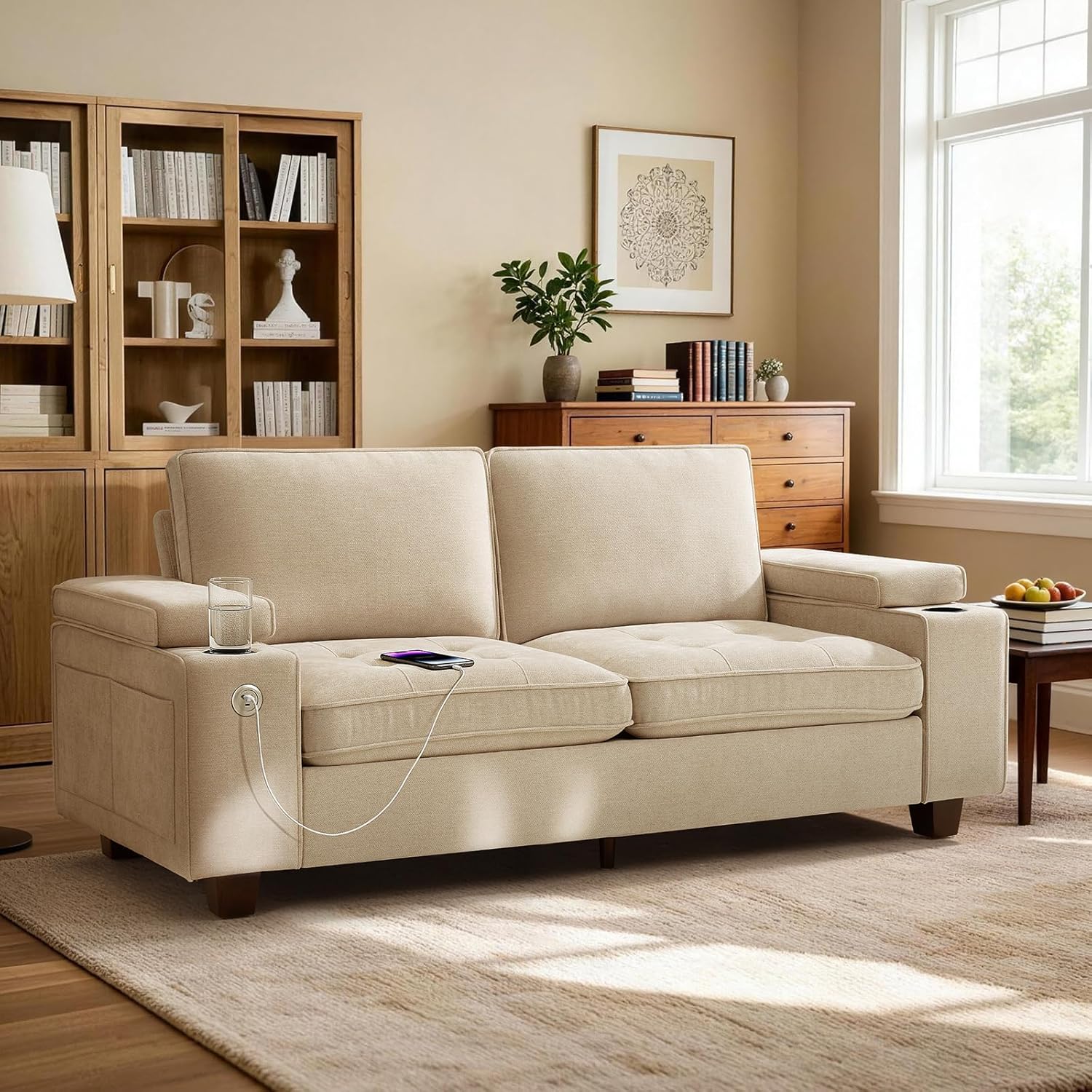 84" Loveseat Sofa for Living Room with USB & Type-C Ports, Modern Chenille Love Seat Couch, Adjustable Storage Armrest, Cup Holders, Solid Wood Frame Deep Seat for Small Spaces (Beige, 84in)