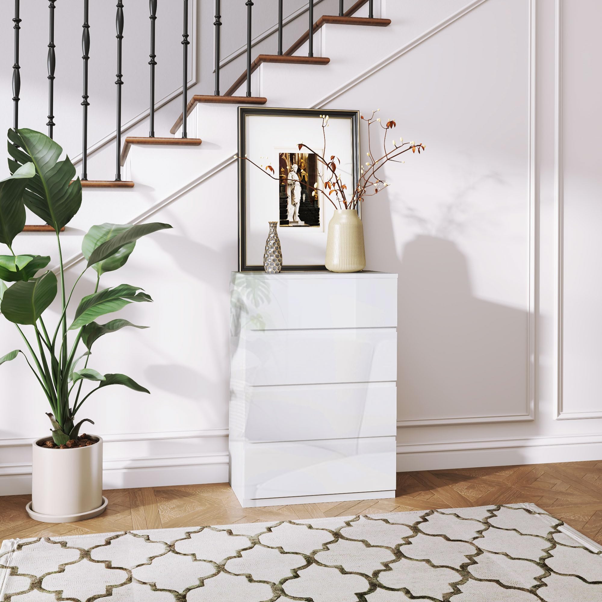 HOMCOM Cómoda con 4 Cajones Cómoda de Dormitorio Moderno con Diseño Anti-vuelco Cajonera para Salón Pasillo 55x33x80 cm Blanco Brillante