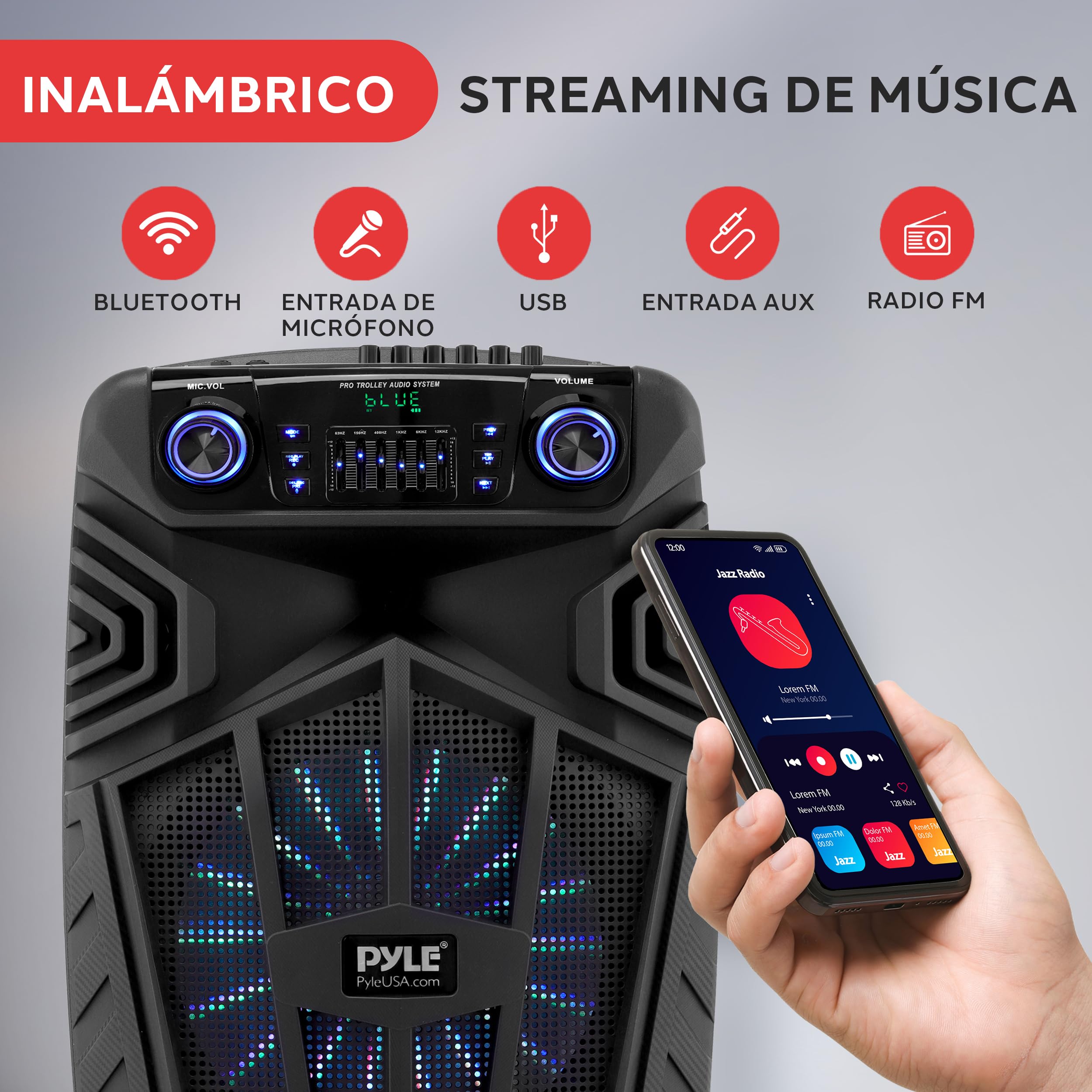 Pyle Sistema de Altavoces PA Bluetooth portatil, 1680W, Karaoke de 38cm, Recargable para Exteriores, Microfono inalambrico, Ruedas, Luces, Pantalla LED, Microfono, FM/AUX/MP3/USB/SD