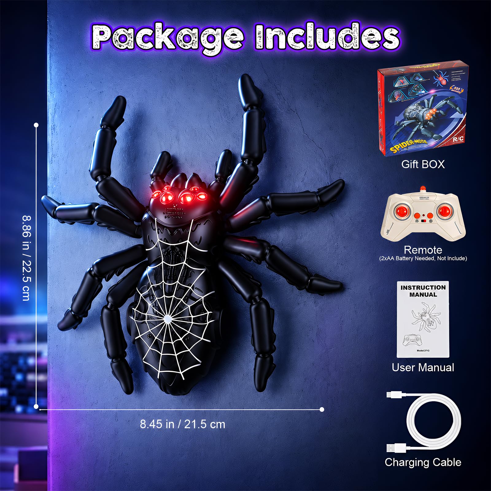 Ferngesteuerte Spinne Spielzeug Auto, RC Wandkletterspinne mit 360° Rotation, Stunt RC Auto zum Krabbeln an Wänden & Boden, Kletterspinne Spielzeug Geschenk für Jungen und Mädchen, Schwarz