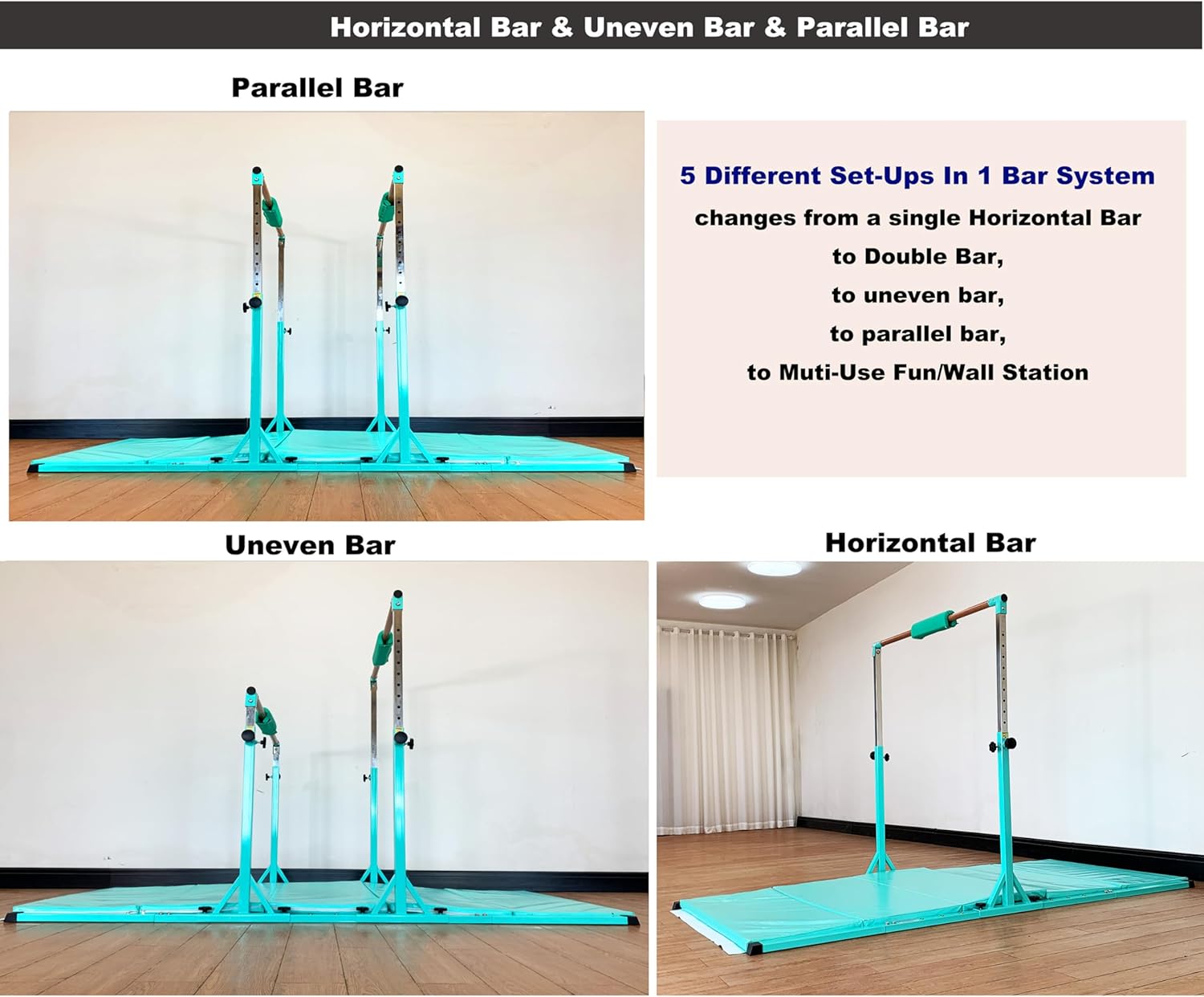 MARFULA Gymnastics Double Horizontal Bars 3Play Parallel Bars Uneven Bars Gymnastics Training Kip Bar with 304 Stainless Steel Regulating Arms & Fiberglass Rail for Indoor Outdoor Home Club Use