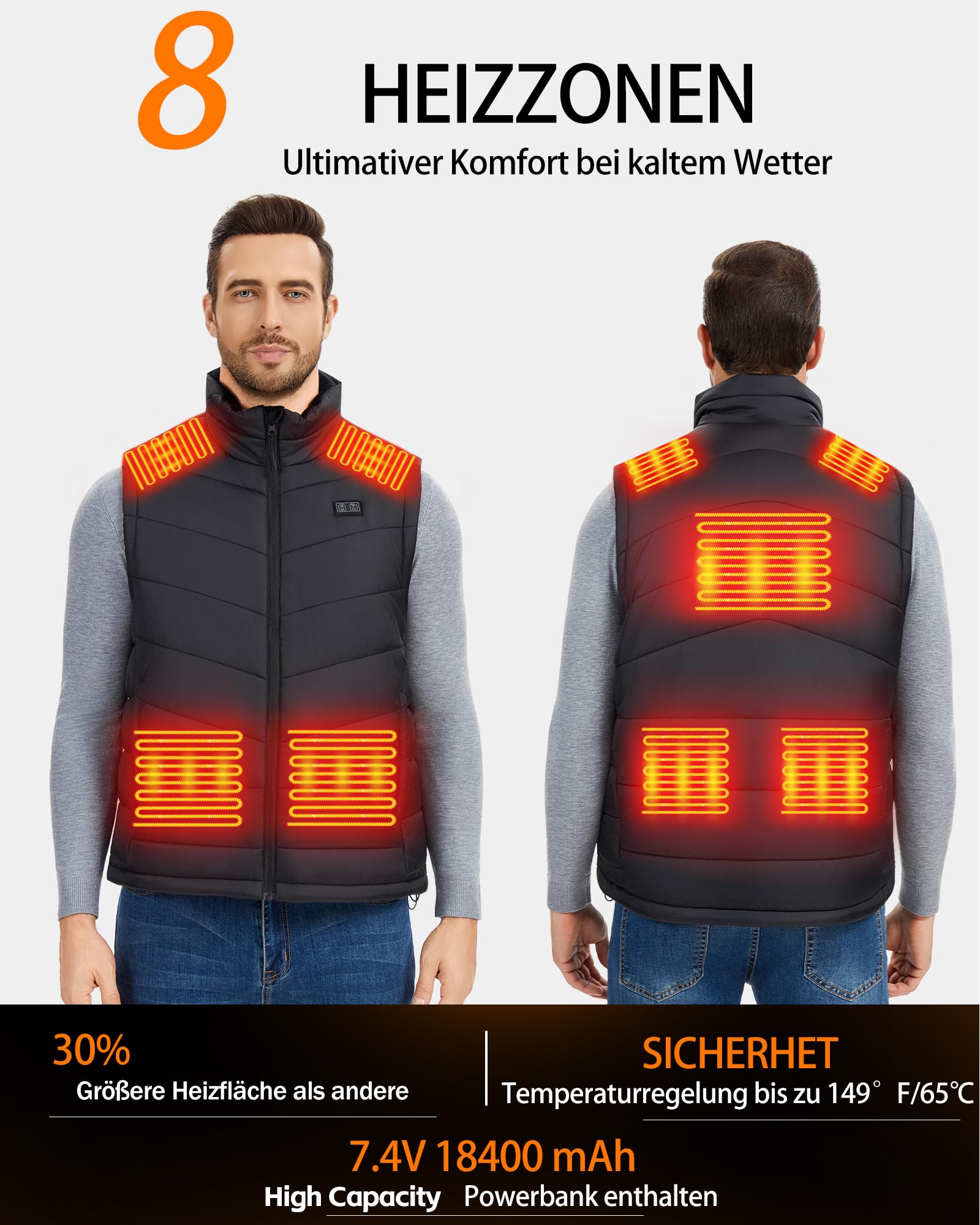 Beheizbare Weste Herren mit 18400mAh 7.4V Akku – Elektrische Heizweste mit Taschen, Wasserabweisend Leicht Wärmeweste für Outdoor
