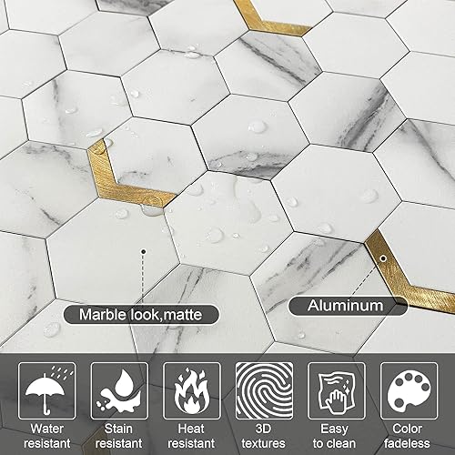 Miniatura 2 de VAOVI Azulejo de protección contra salpicaduras para despegar y pegar, azulejos para cocina, paneles de pared hexagonales de mármol (10 unidades,