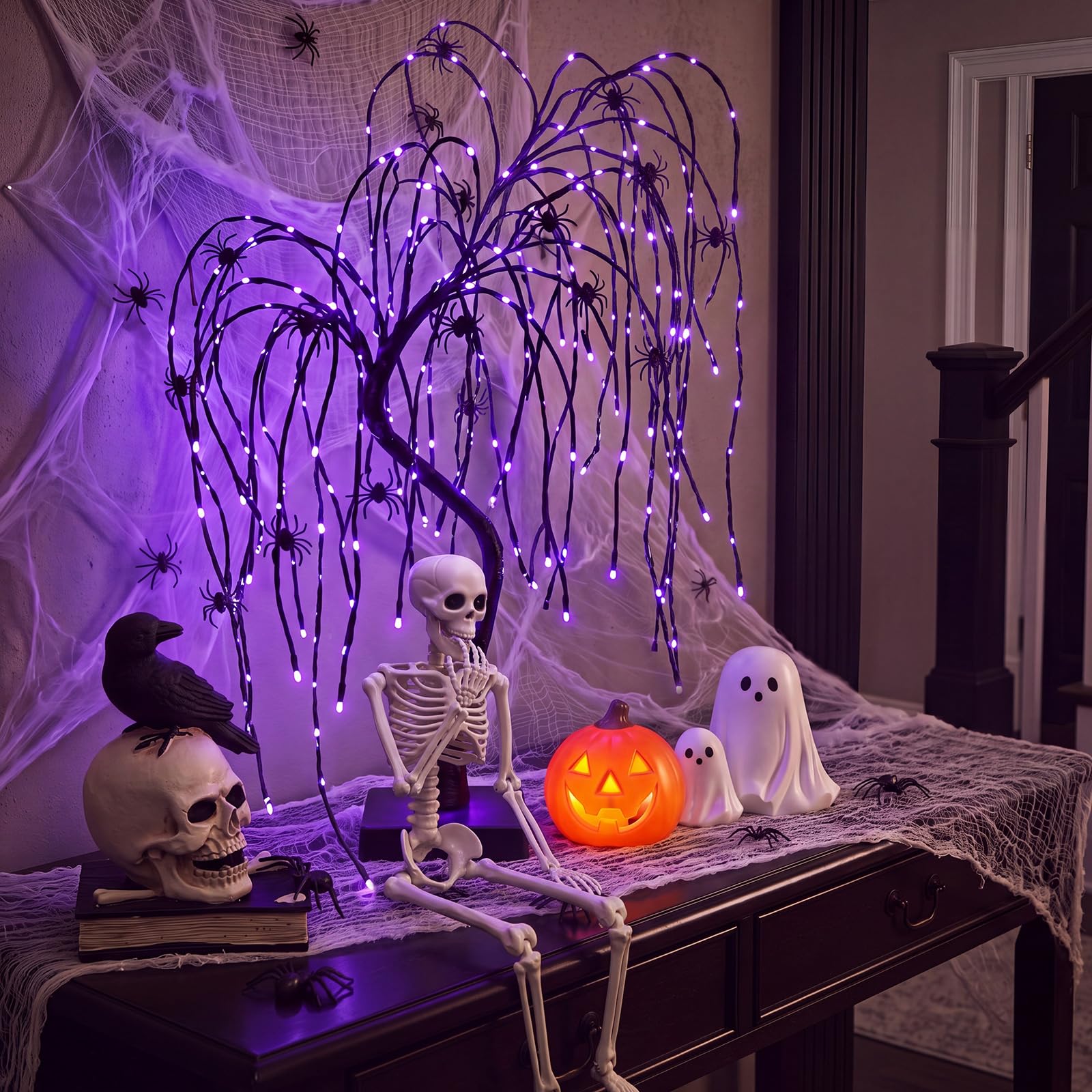 Woanger Juego de 34 decoraciones de Halloween de 20 pulgadas, luz LED púrpura de sauce, esqueleto, cuervo, calavera, estatua, fantasma, figuras de calabaza, telaraña con arañas para Halloween