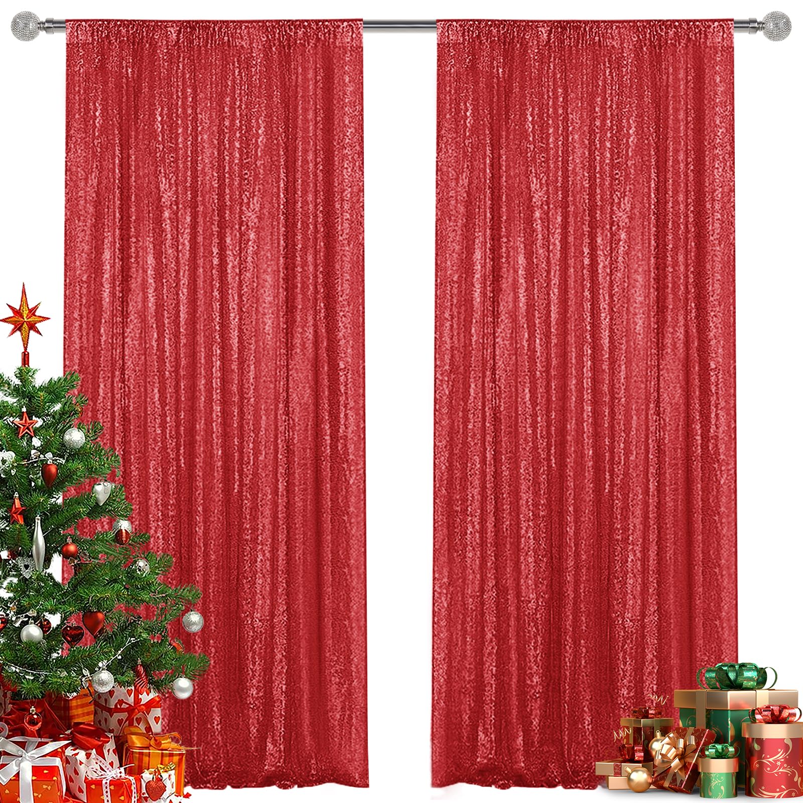 Yblut Red Sequin Backdrop Curtain 2 Pieces 2FTx8FT Glitter Photography Backdrop for Party Wedding Birthday Christmas Decorations