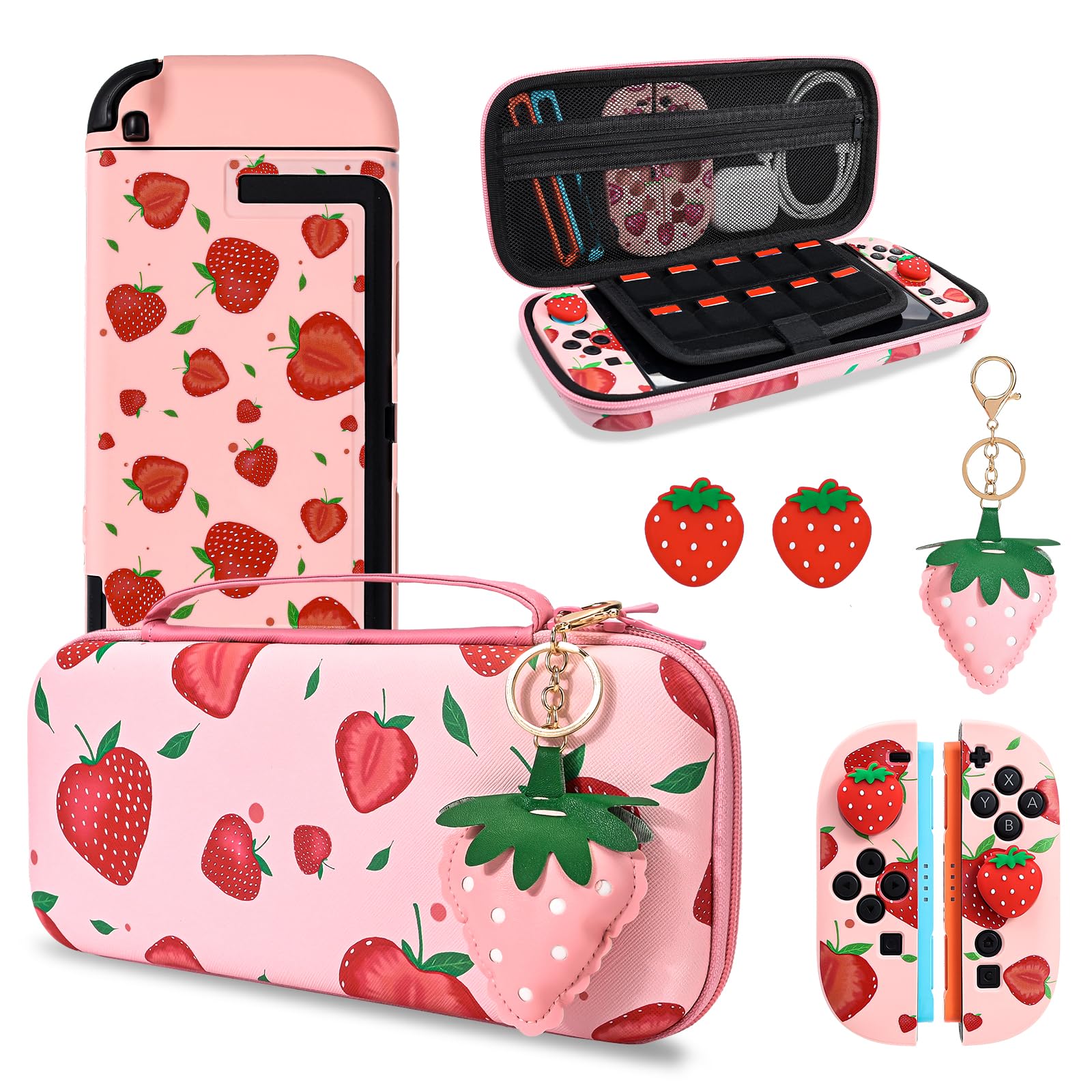 DLseego Tragetasche für Switch 2,Rosa Tragbar Reise Spiel Tasche,Thema Erdbeere Zubehör mit NS 2 Dockbare Schutzhülle,2PCS Daumen Griff Kappen und 1PC Charme,Groß Erdbeere