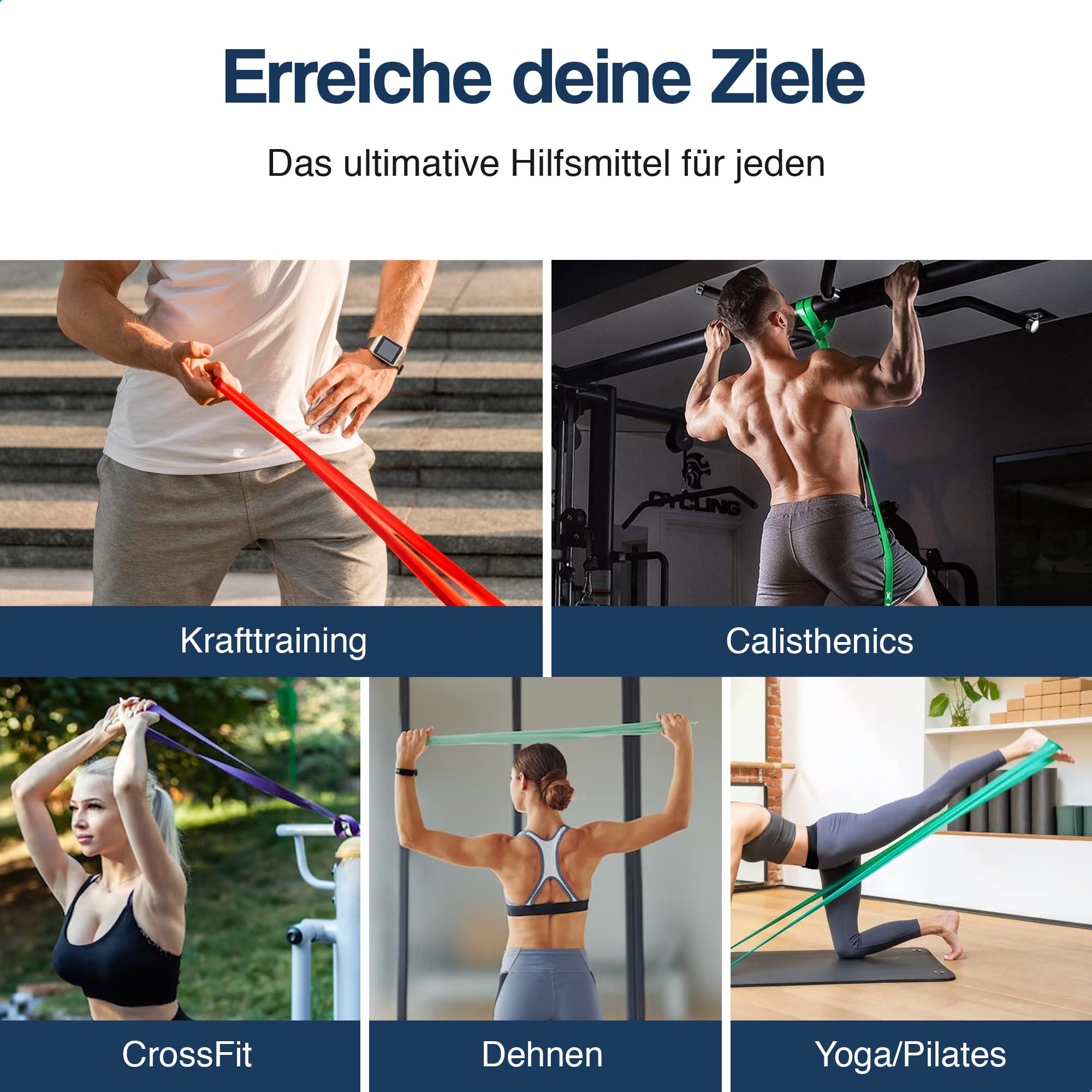 Hulser Widerstandsband Set 6-teilig mit Türanker - 2 bis 55 kg - 104/208 cm - Für Pull Up, Krafttraining, Stretching, Crossfit, Calisthenics - Fitness Resistance Bands aus Natur-Latex