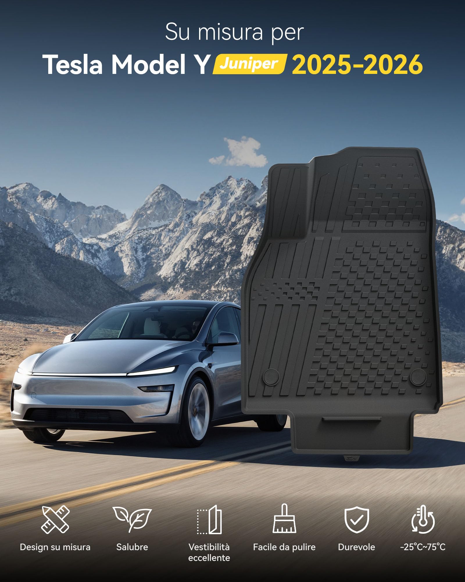 3W Tappetini per Tesla Model Y 2025 2026 Juniper per Standard 2026, Premium e Performance, Set 4 Pezzi in TPE su Misura, 3D Impermeabile e Inodore, Accessori Auto