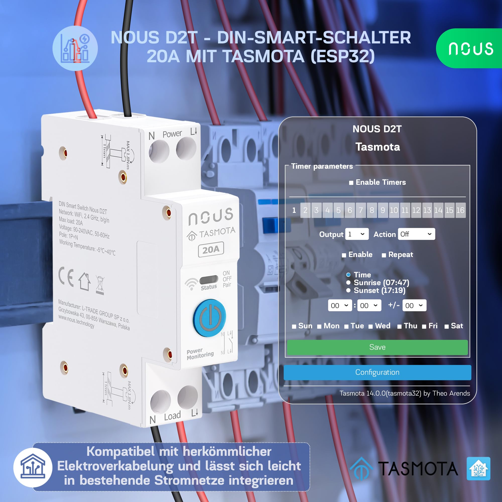 Nous Inteligentny przełącznik DIN 20 A z Tasmota (ESP32), monitorowanie energii, kompatybilny z MQTT, Home Assistant, Matter, sterowanie głosem za pomocą Alexa, Google Assistant