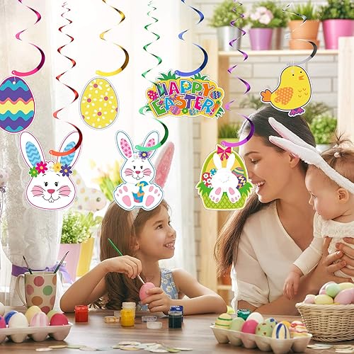 Miniatura 6 de Decoraciones de techo de remolino colgante de Pascua, huevo de Pascua, conejo, decoraciones de papel de aluminio para el hogar, oficina, escuela,