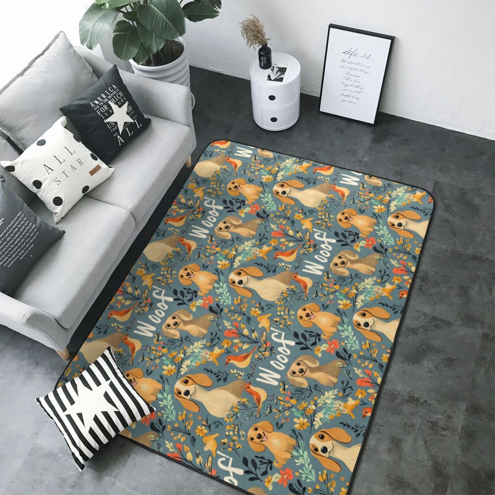 Tapis motif floral oiseaux saucisses chiens grand tapis salon lavable 203x147