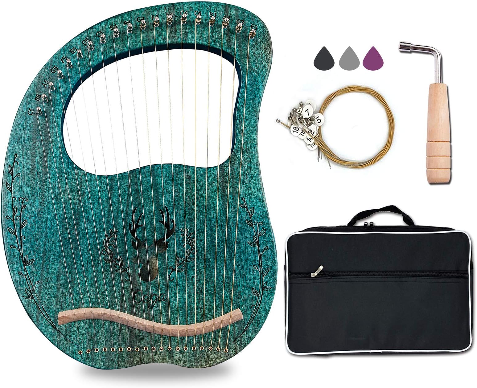 Lyre Harp, 19 Metal Strings Maple Saddle Mahogany Body Lyra Harp with Bag key included