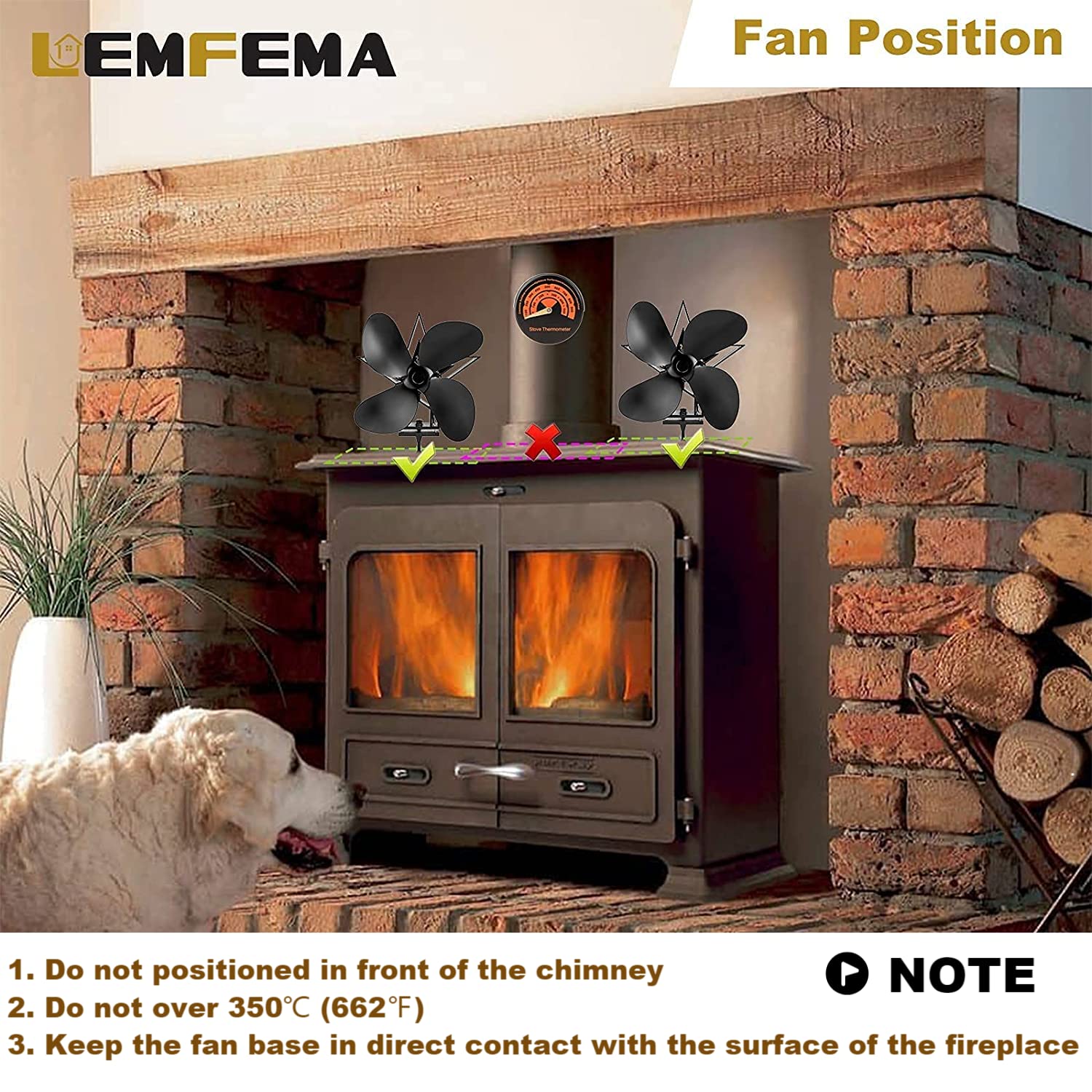 Amazon.com: Lemfema 4 Blades Wood Stove Fan, Heat Powered Fireplace Fan  with Magnetic Thermometer for Gas/Pellet/Log/Wood Burning Stoves, Silent  Operation (4-Blade Lucky Star) : Home u0026 Kitchen