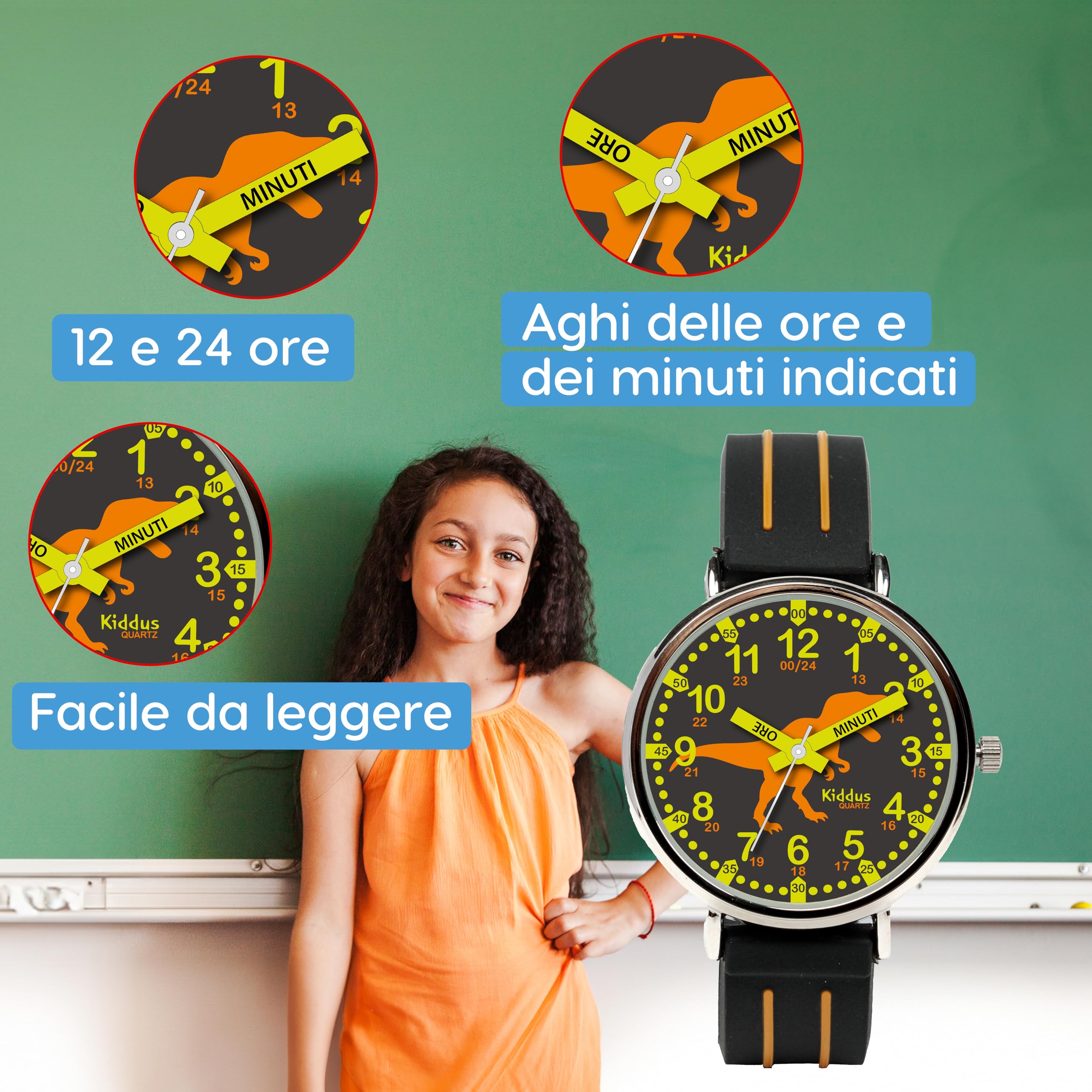 Kiddus Reloj Educativo Infantil para Niño y Niña a Partir de 5 Años, Reloj Analógico para Aprender la Hora, Mecanismo Japonés